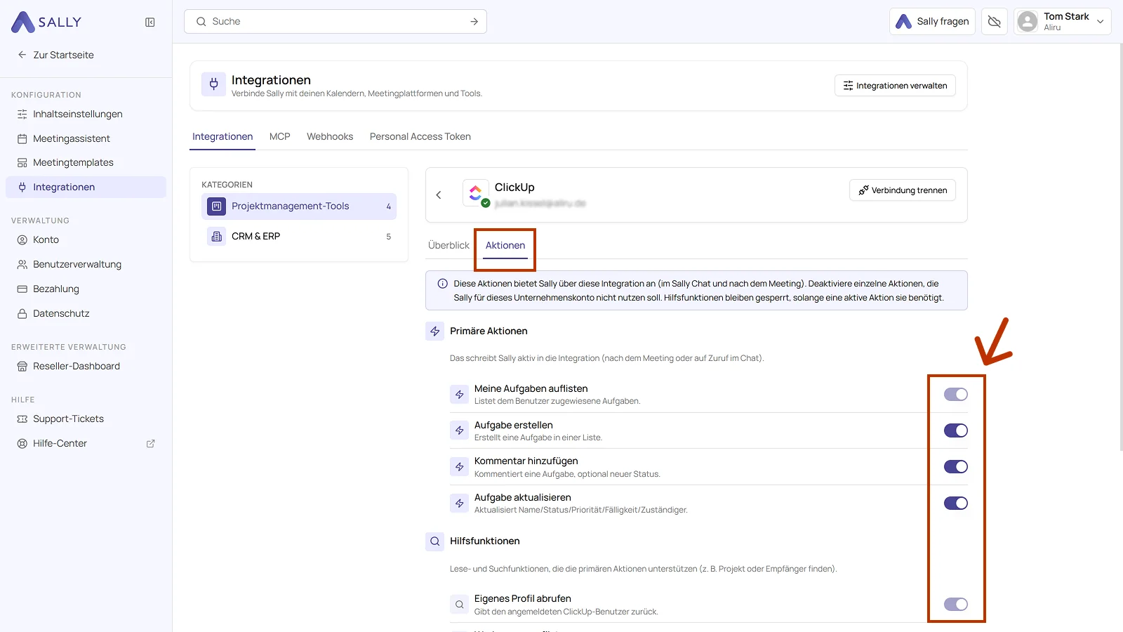Reiter Aktionen der ClickUp Integration mit den Schaltern der primären Aktionen