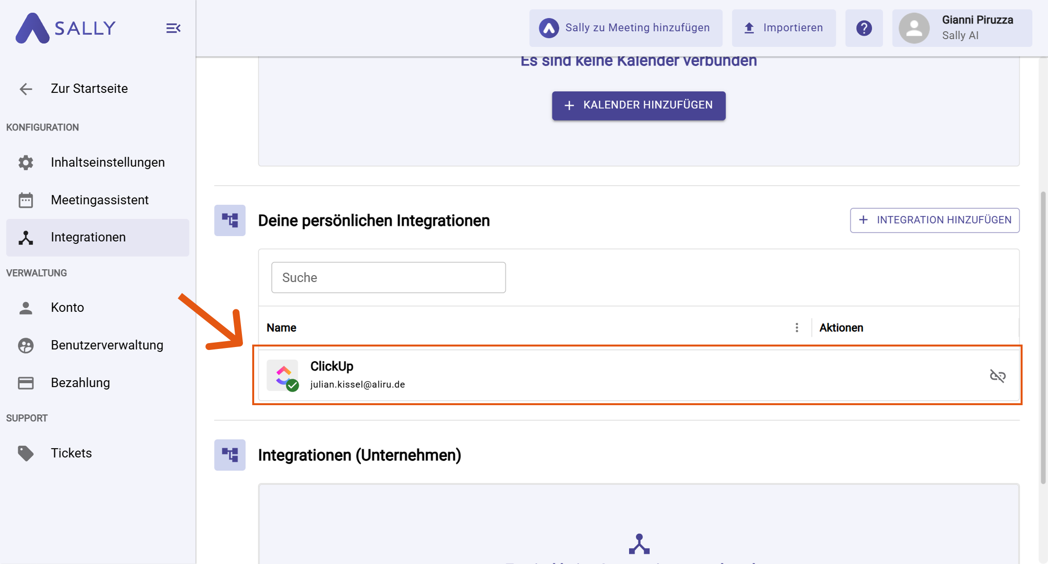 ClickUp wird unter den persönlichen Integrationen angezeigt