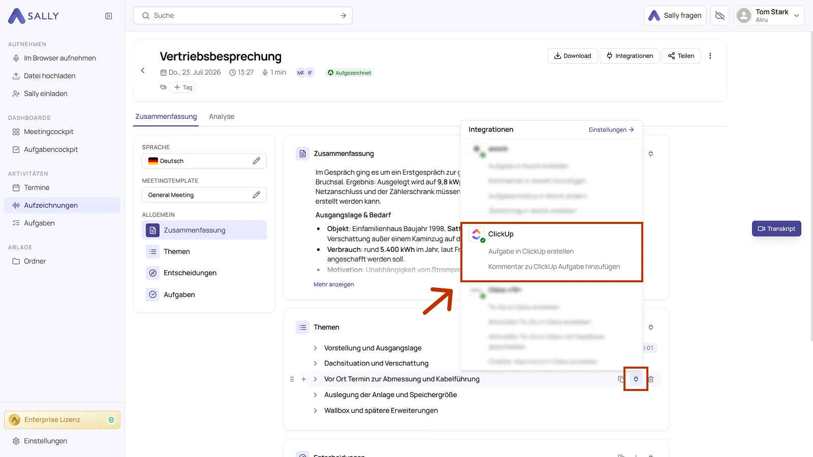 Zusammenfassung eines Meetings mit dem Stecker-Symbol und der Liste der Integrationen, darin ClickUp