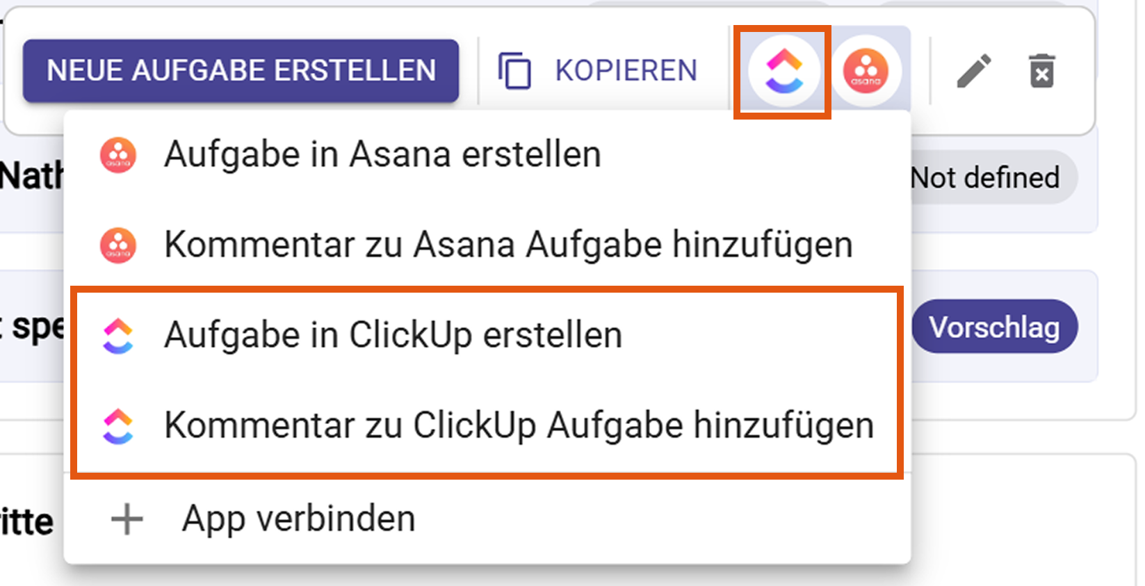 ClickUp-Aktionsmenü mit Aufgabe erstellen oder Kommentar hinzufügen