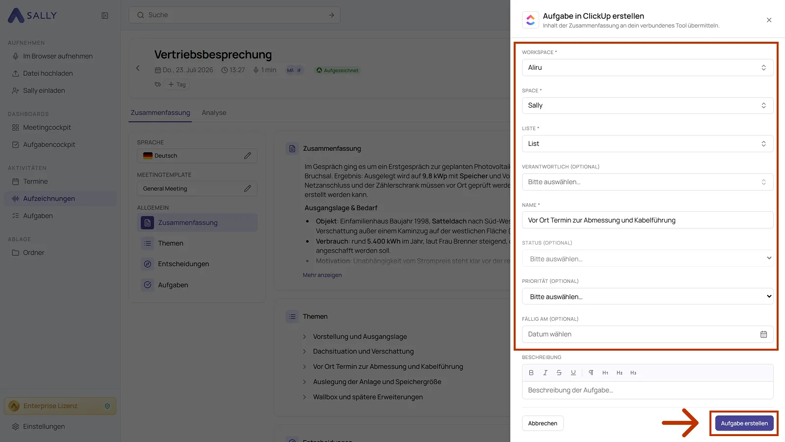Dialog Aufgabe in ClickUp erstellen mit Workspace, Space, Liste, Name und Beschreibung