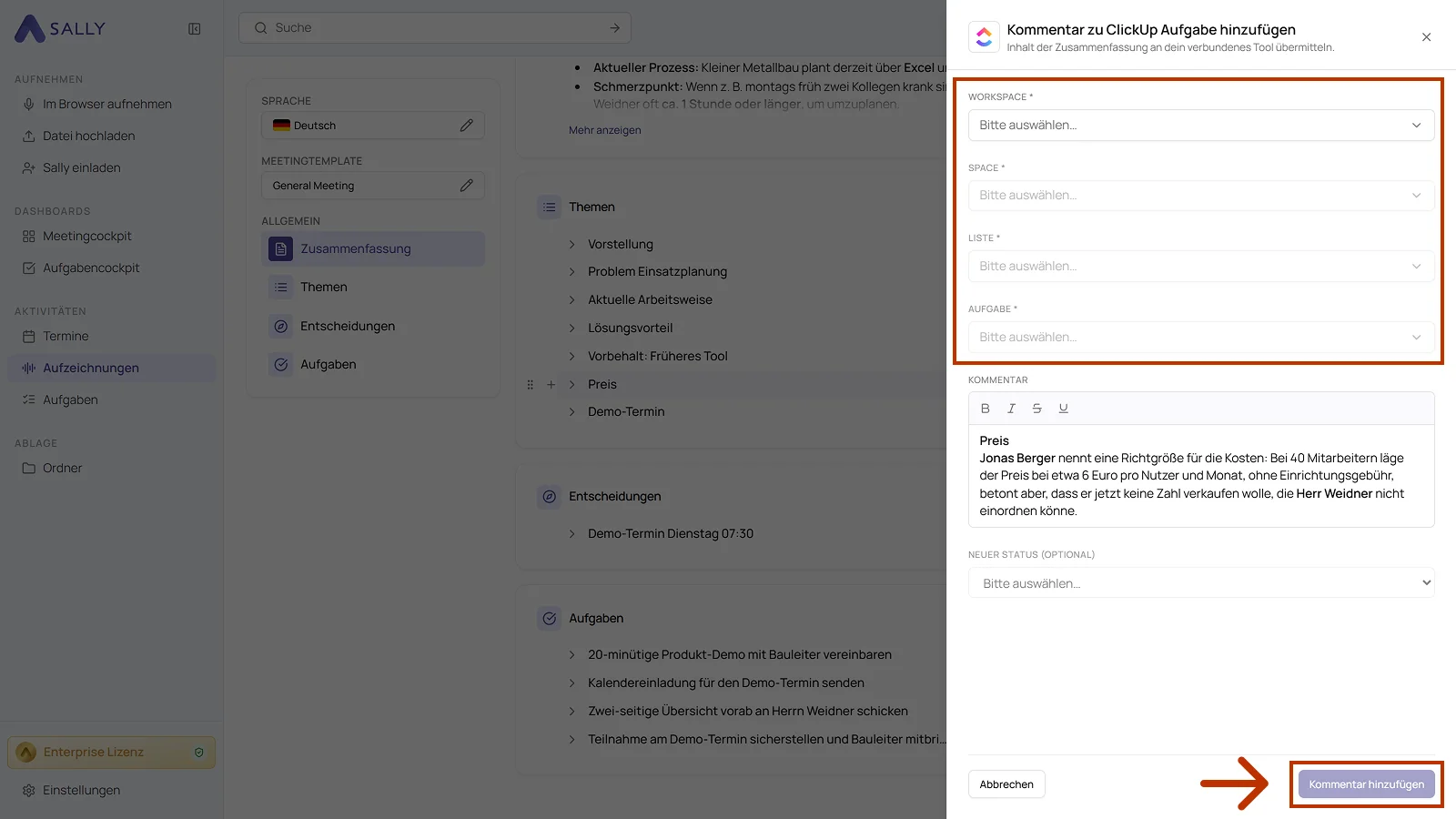 Dialog Kommentar zu ClickUp Aufgabe hinzufügen mit Workspace, Space, Liste, Aufgabe, Kommentar und neuem Status