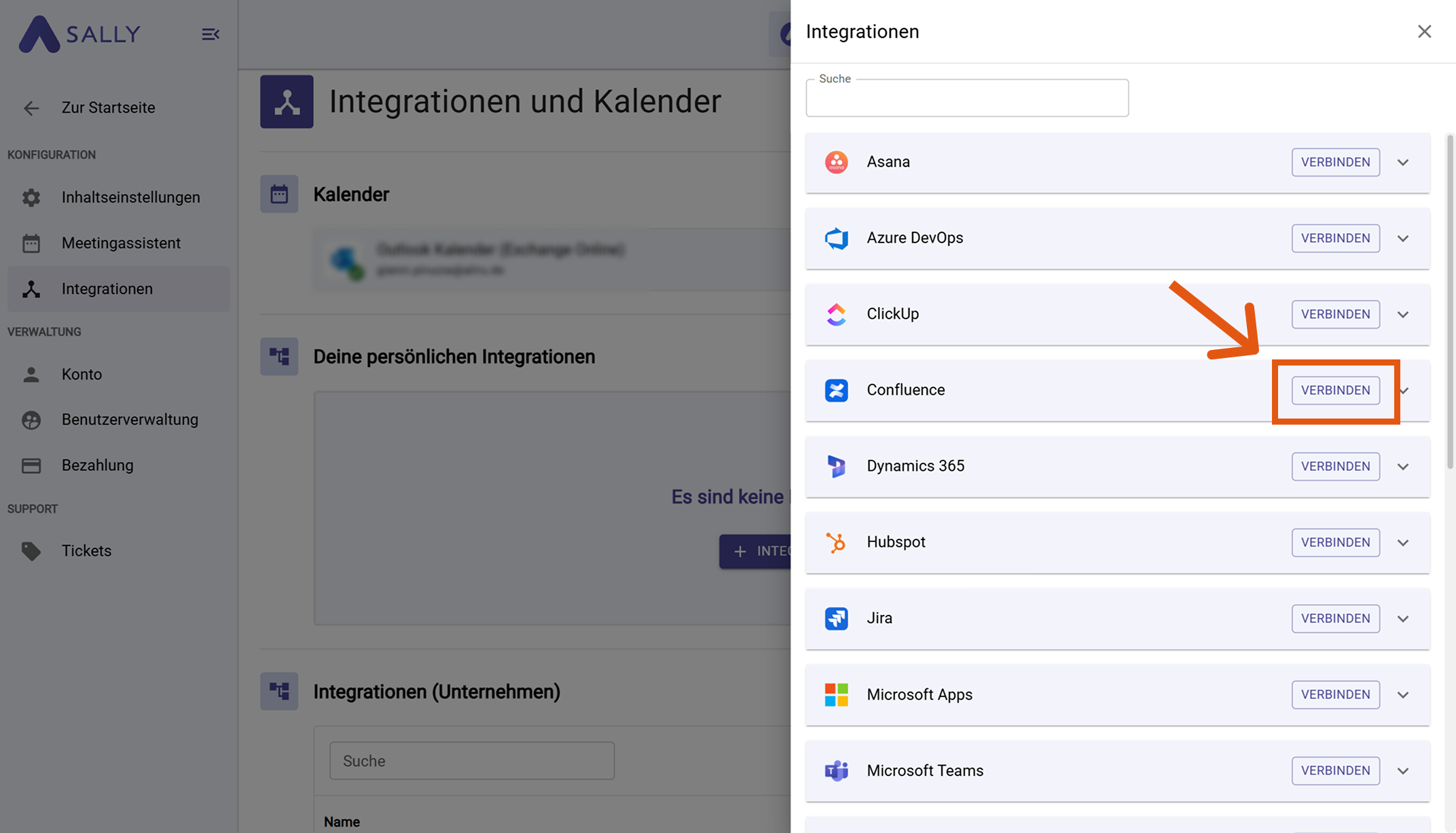 Confluence in der Integrationsliste mit Verbinden-Button