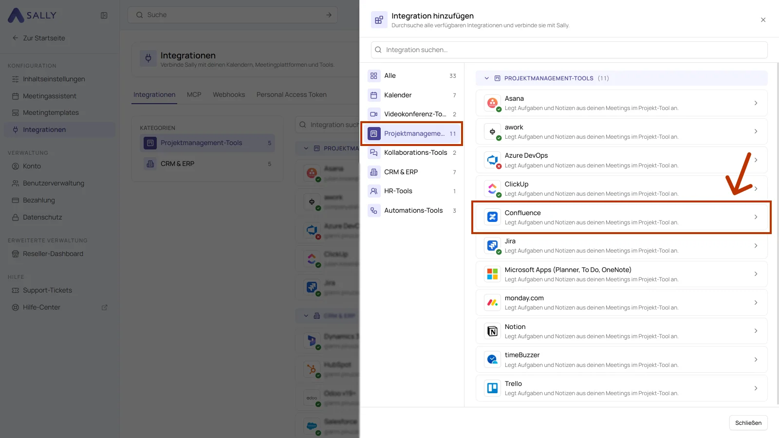 Bereich Integration hinzufügen mit der Kategorie Projektmanagement-Tools und markiertem Eintrag Confluence