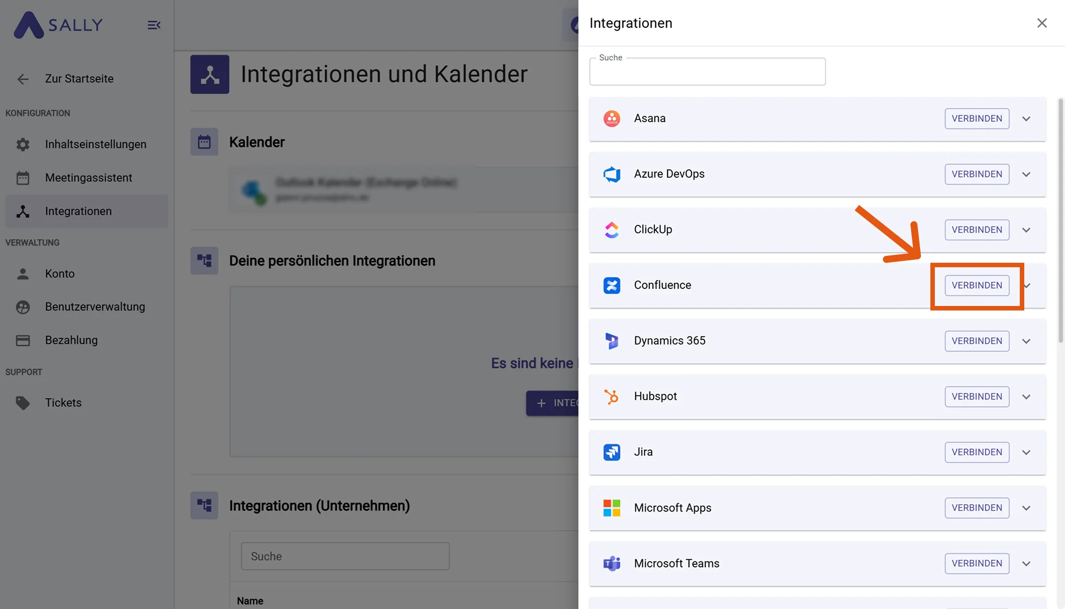Confluence in der Integrationsliste mit Verbinden-Button