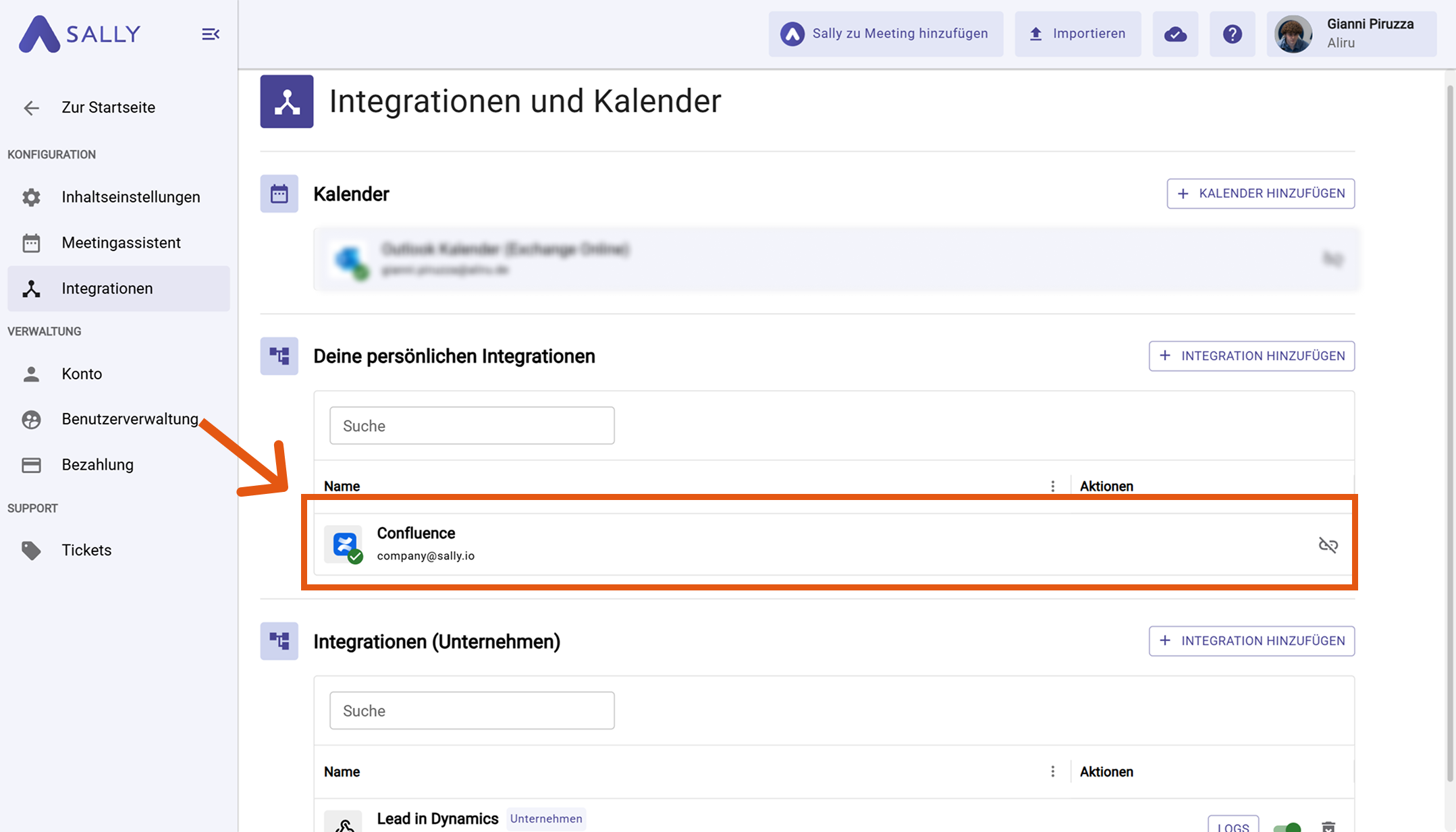 Confluence unter Deine persönlichen Integrationen aufgelistet