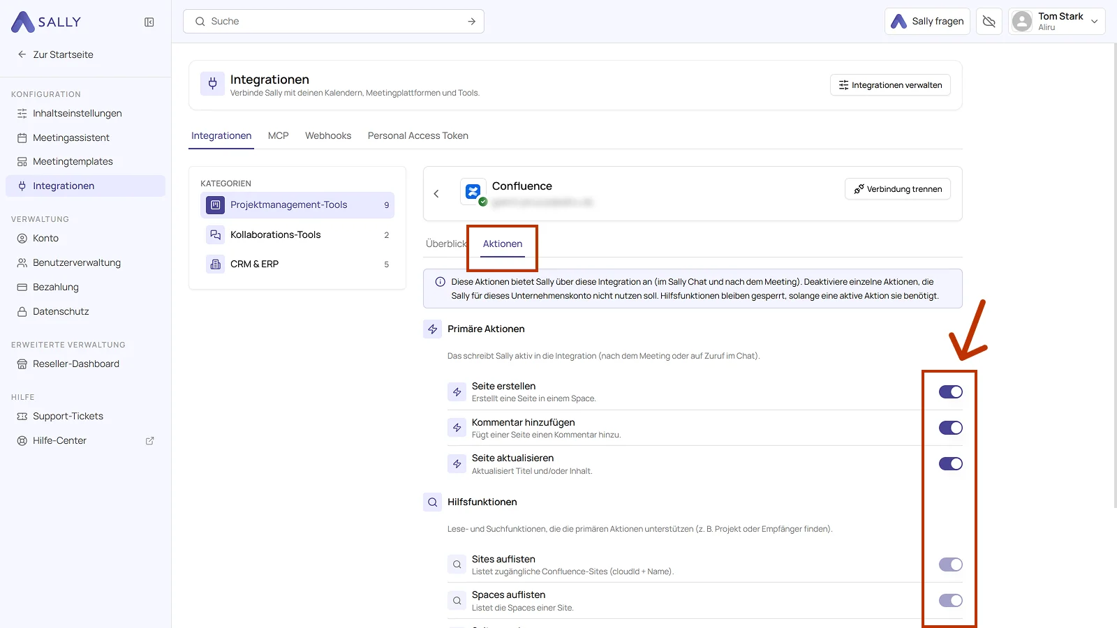 Reiter Aktionen der Confluence Integration mit den Schaltern der primären Aktionen