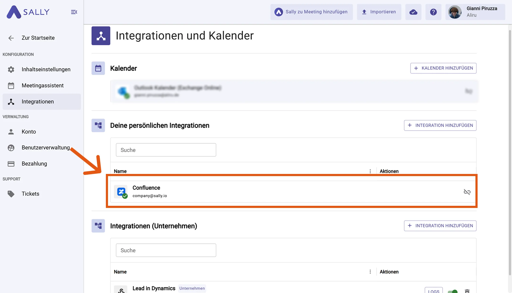 Confluence unter Deine persönlichen Integrationen aufgelistet