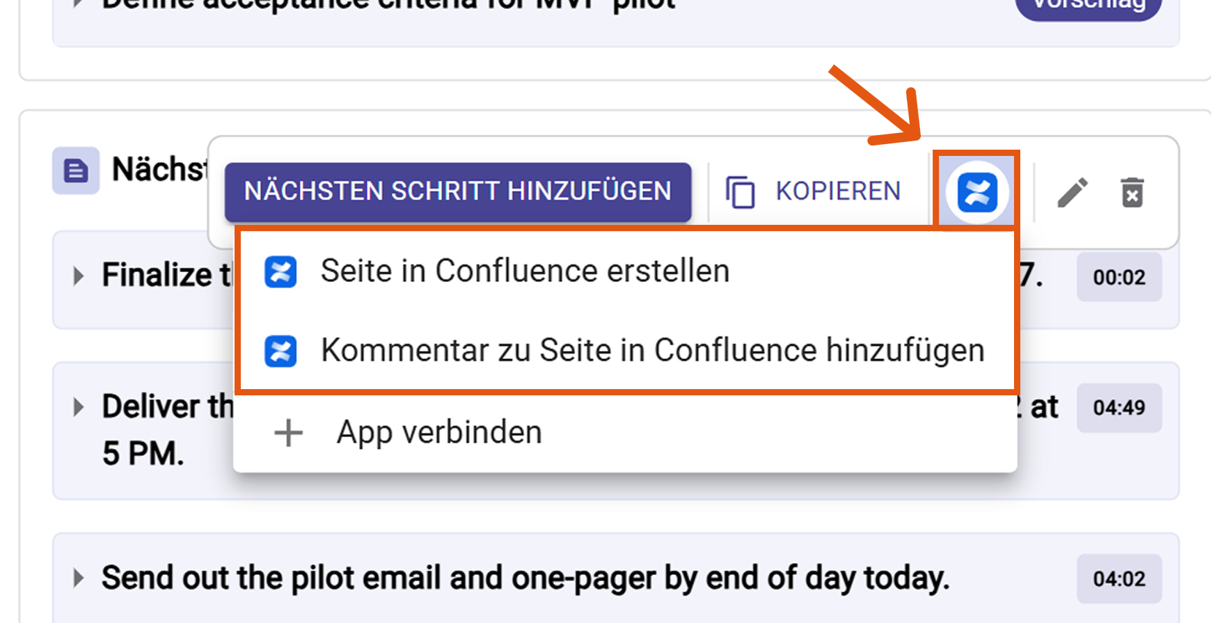 Confluence-Aktionsmenü beim Hover mit Optionen Seite erstellen / Kommentar hinzufügen