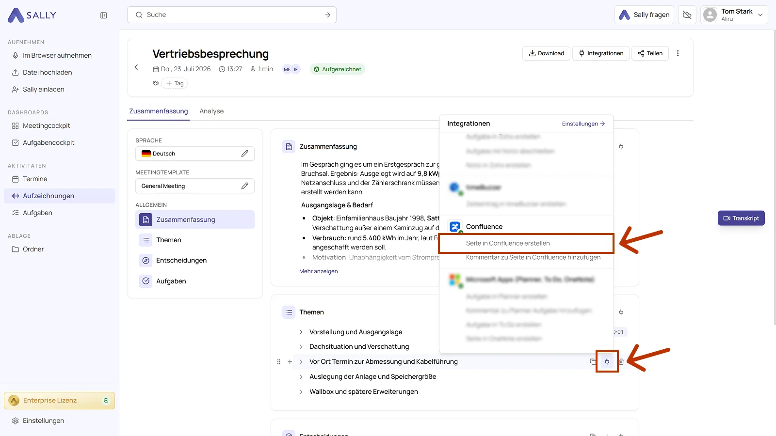 Zusammenfassung eines Meetings mit dem Stecker-Symbol und der Liste der Integrationen, darin Confluence