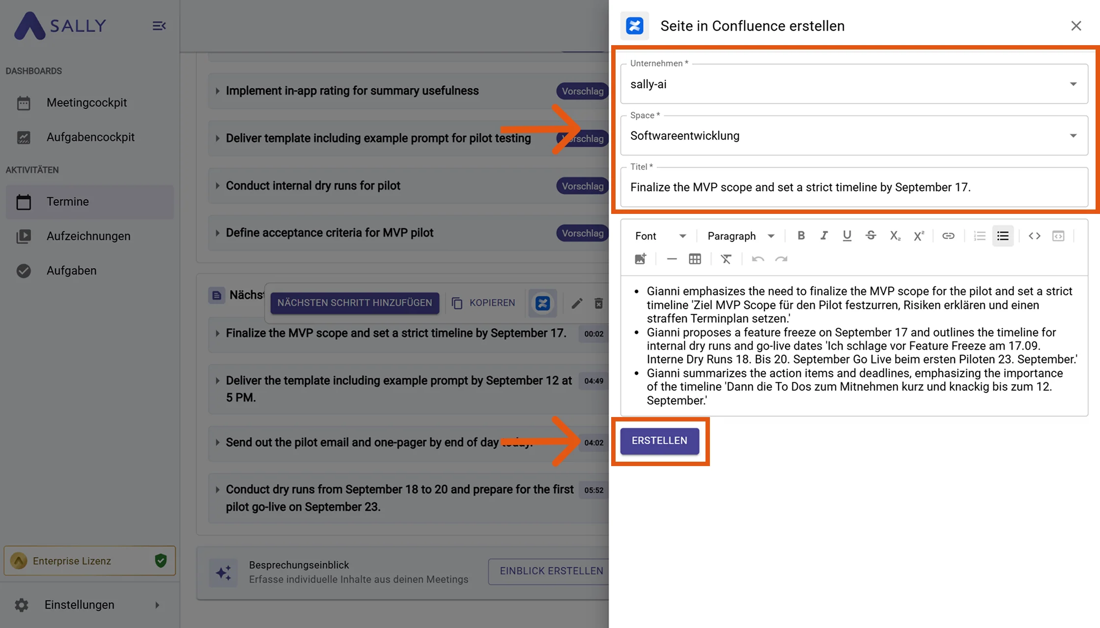 Modal Fenster Seite in Confluence erstellen mit Organisation, Bereich, Titel