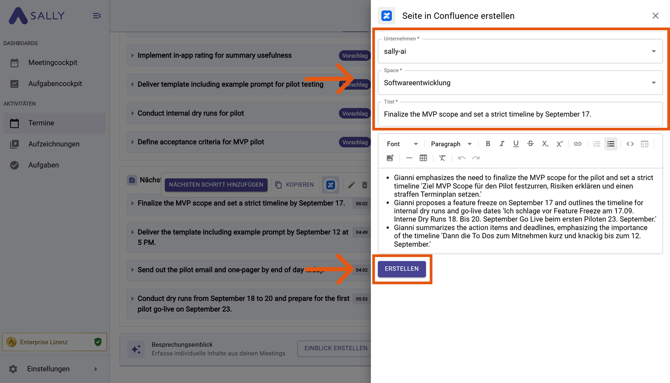 Modal Fenster Seite in Confluence erstellen mit Organisation, Bereich, Titel