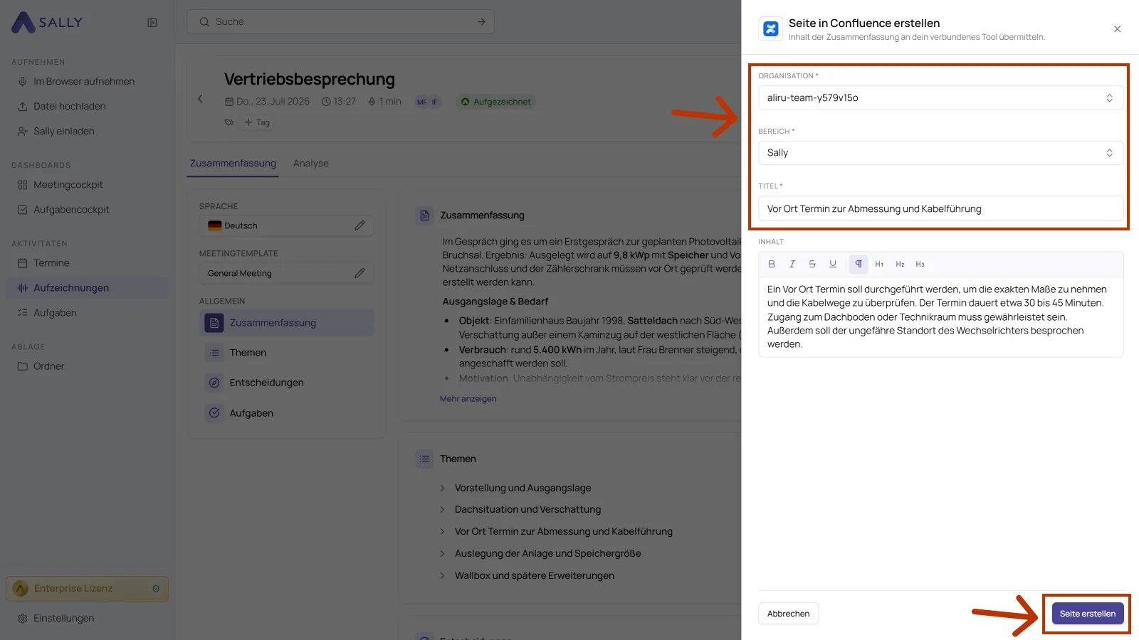 Dialog Seite in Confluence erstellen mit Organisation, Bereich, Titel und Inhalt
