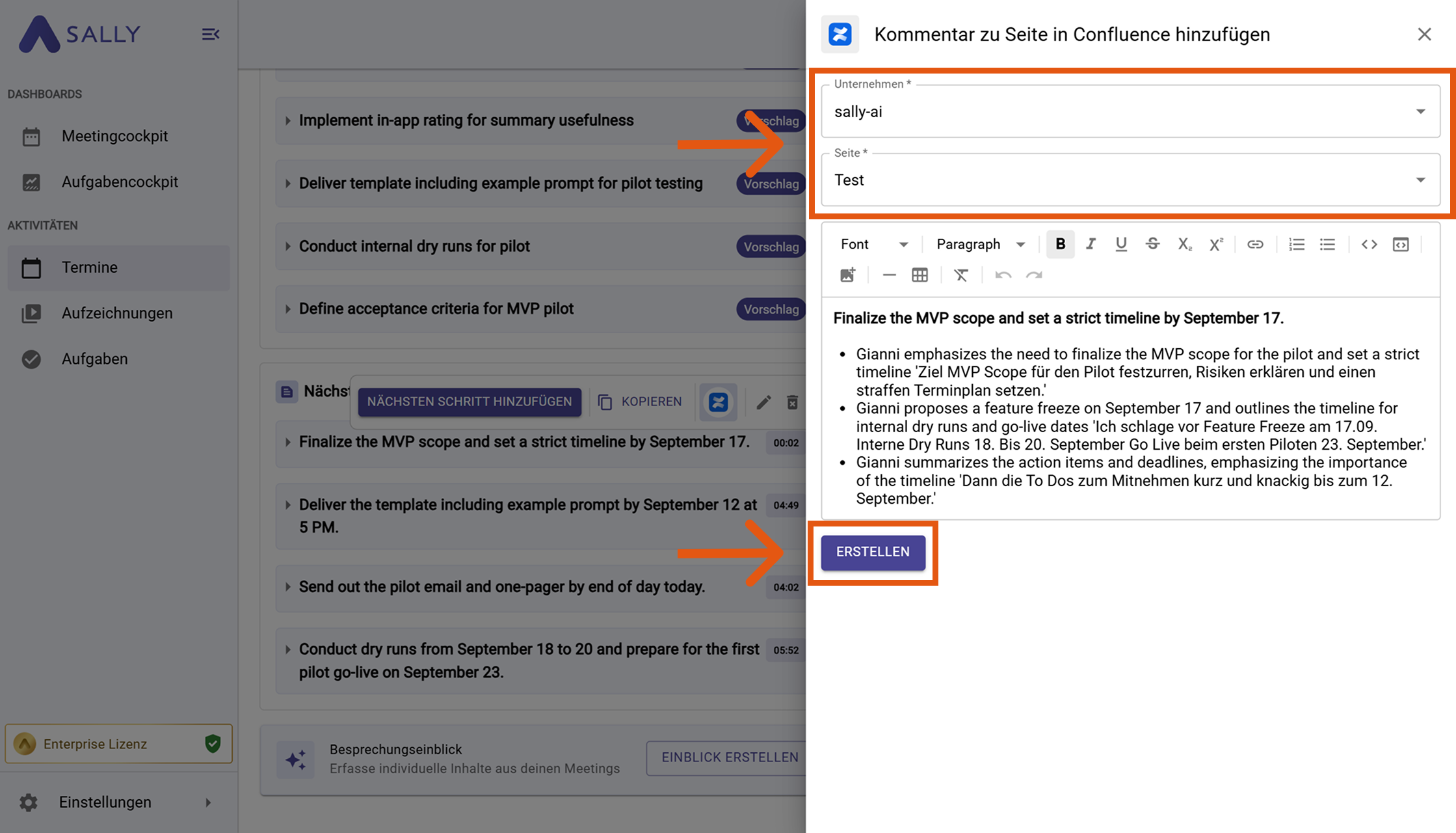 Modal Fenster Kommentar in Confluence erstellen mit Organisation, Seite