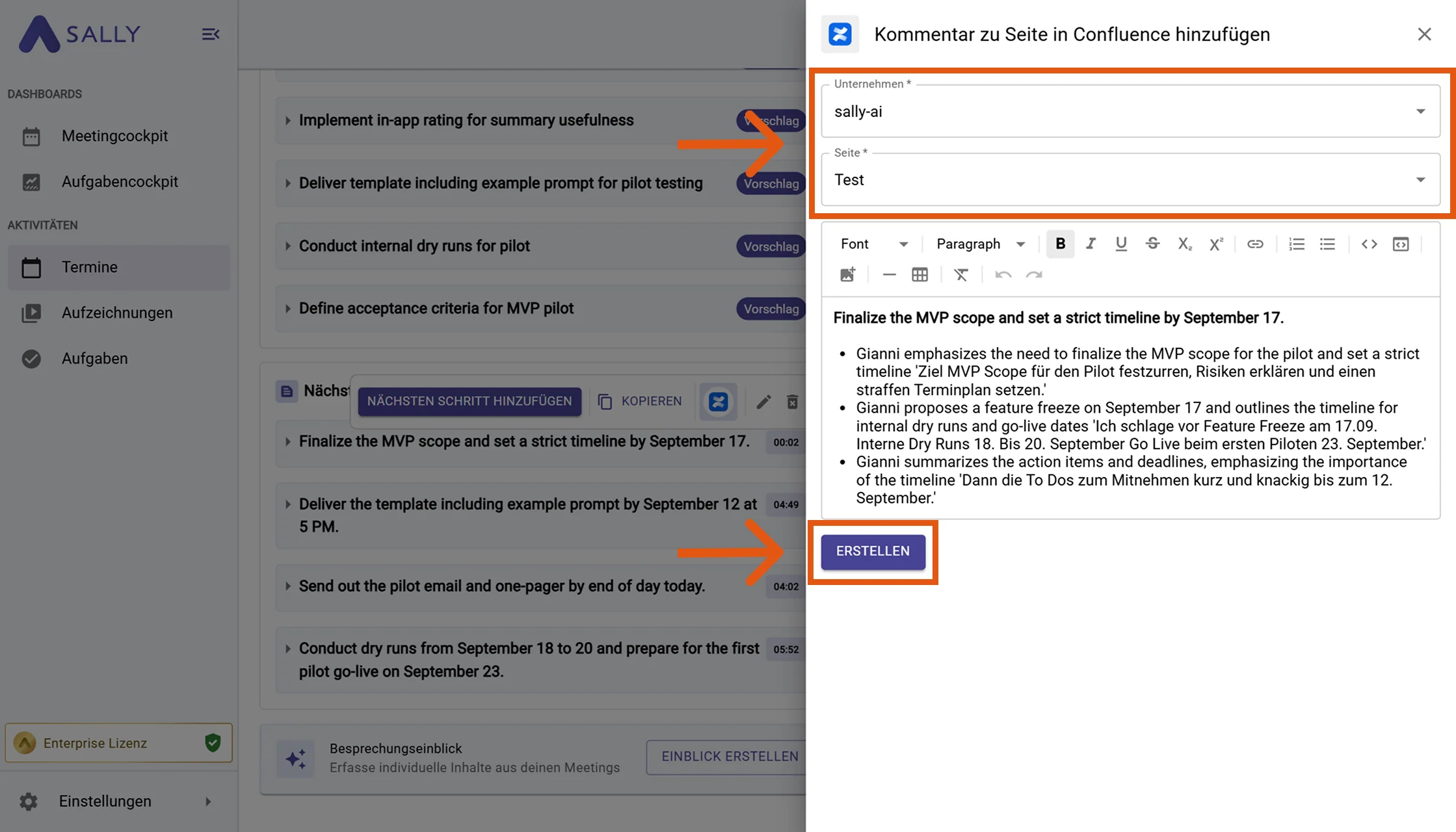 Modal Fenster Kommentar in Confluence erstellen mit Organisation, Seite