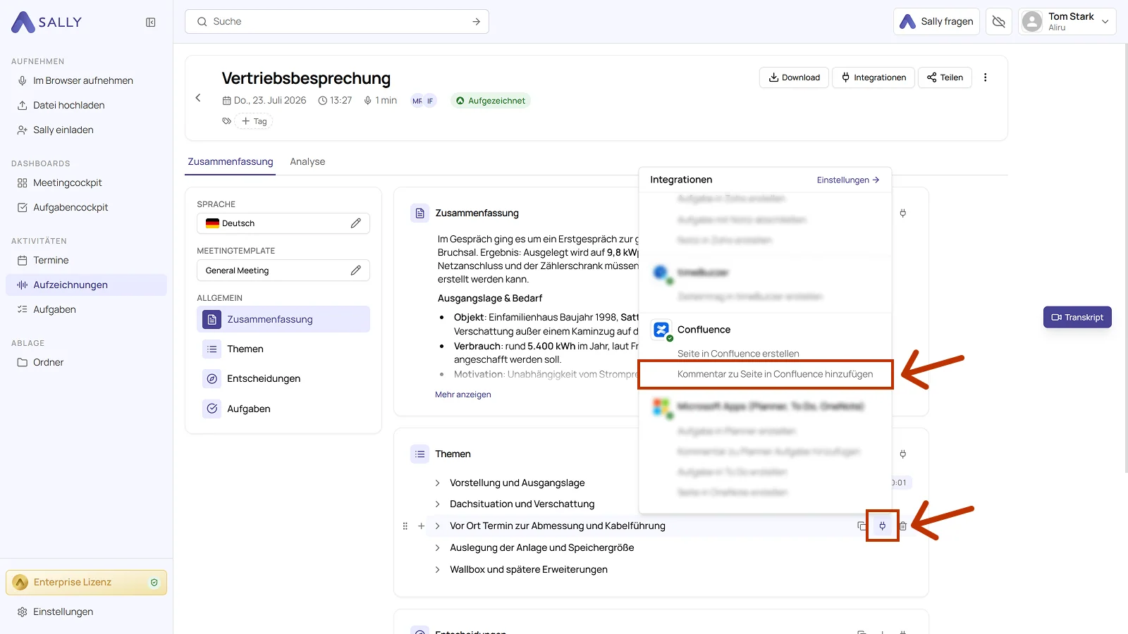 Liste der Integrationen mit der Confluence Aktion für einen Kommentar