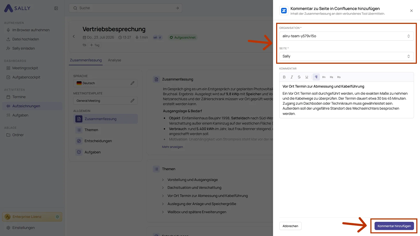 Dialog Kommentar zu Seite in Confluence hinzufügen mit Organisation, Seite und Kommentar