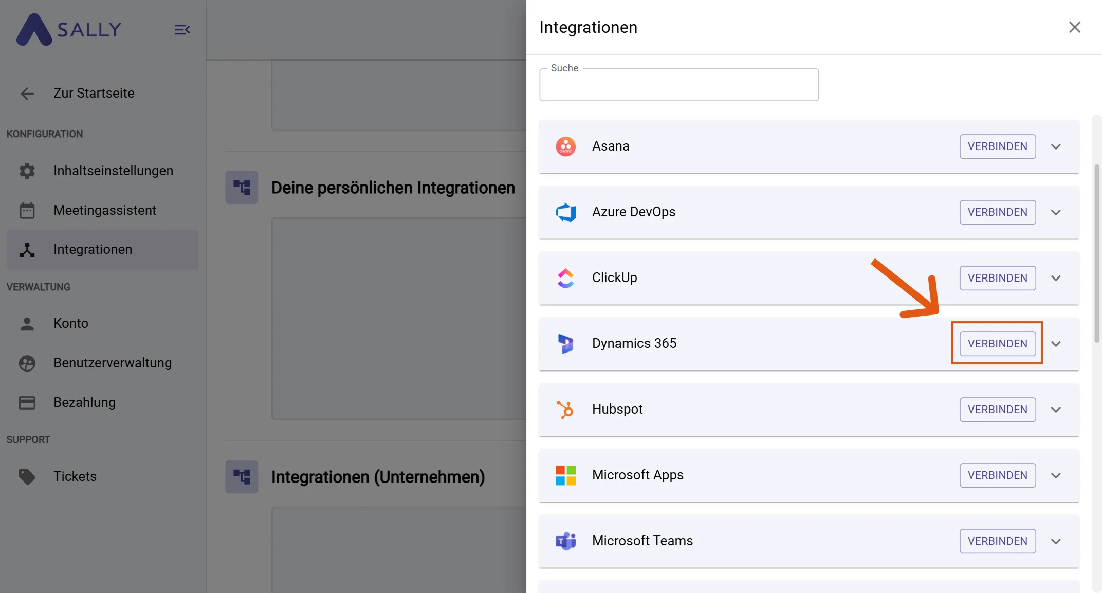 Dynamics 365 in der Integrationsliste mit Verbinden-Button