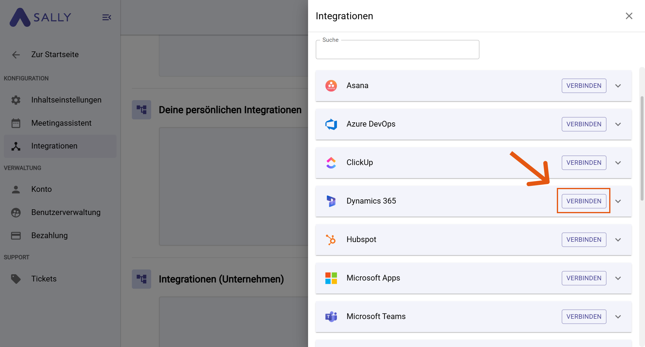 Dynamics 365 in der Integrationsliste mit Verbinden-Button