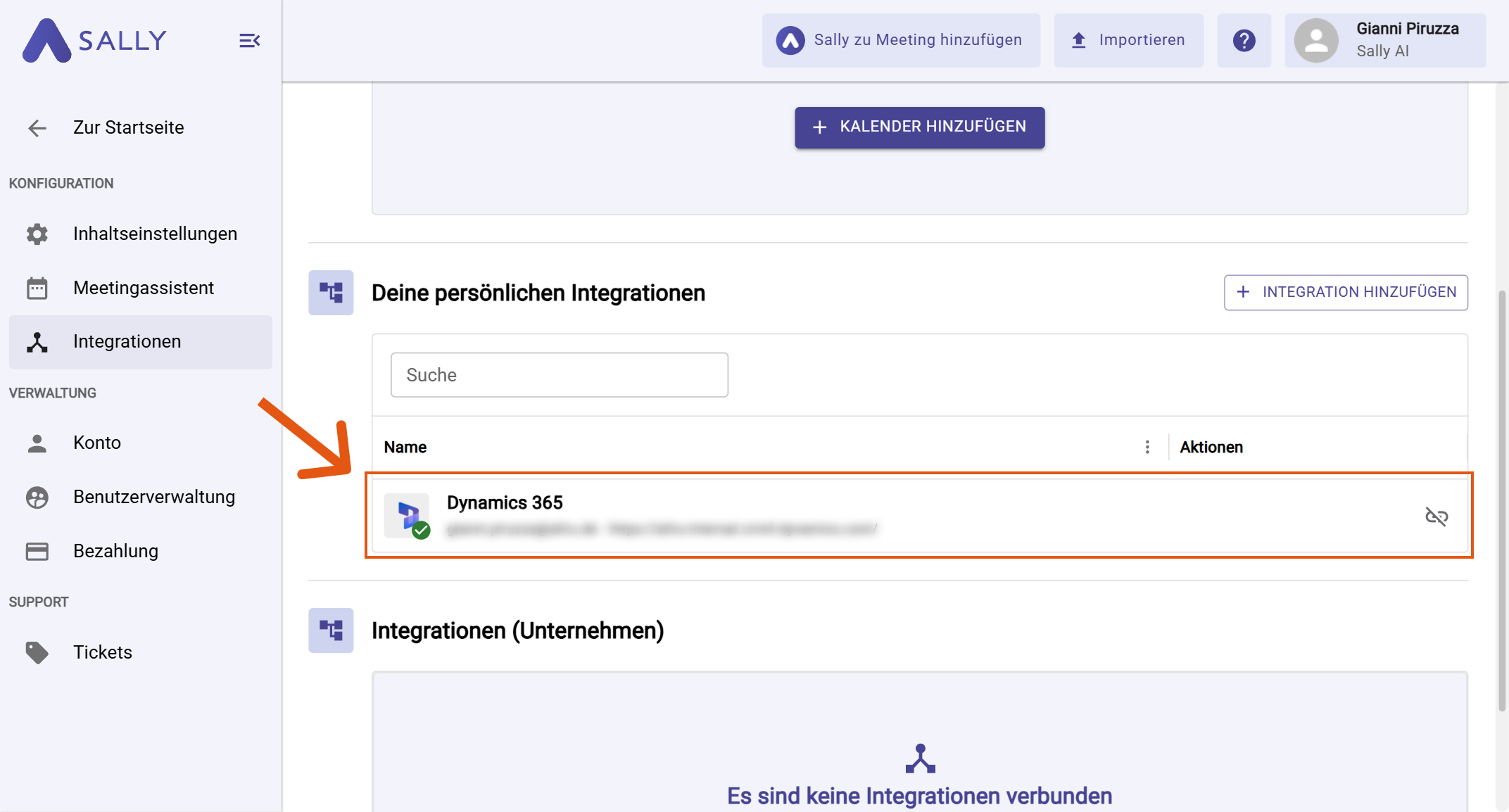 Dynamics 365 unter deinen persönlichen Integrationen aufgelistet
