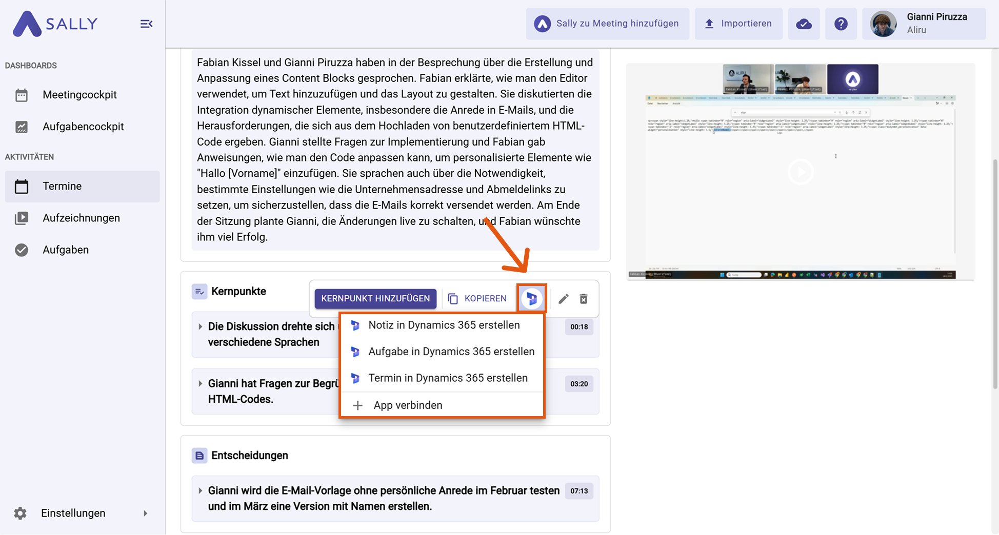 Dynamics 365 Aktionsmenü mit Notiz / Aufgabe / Termin erstellen