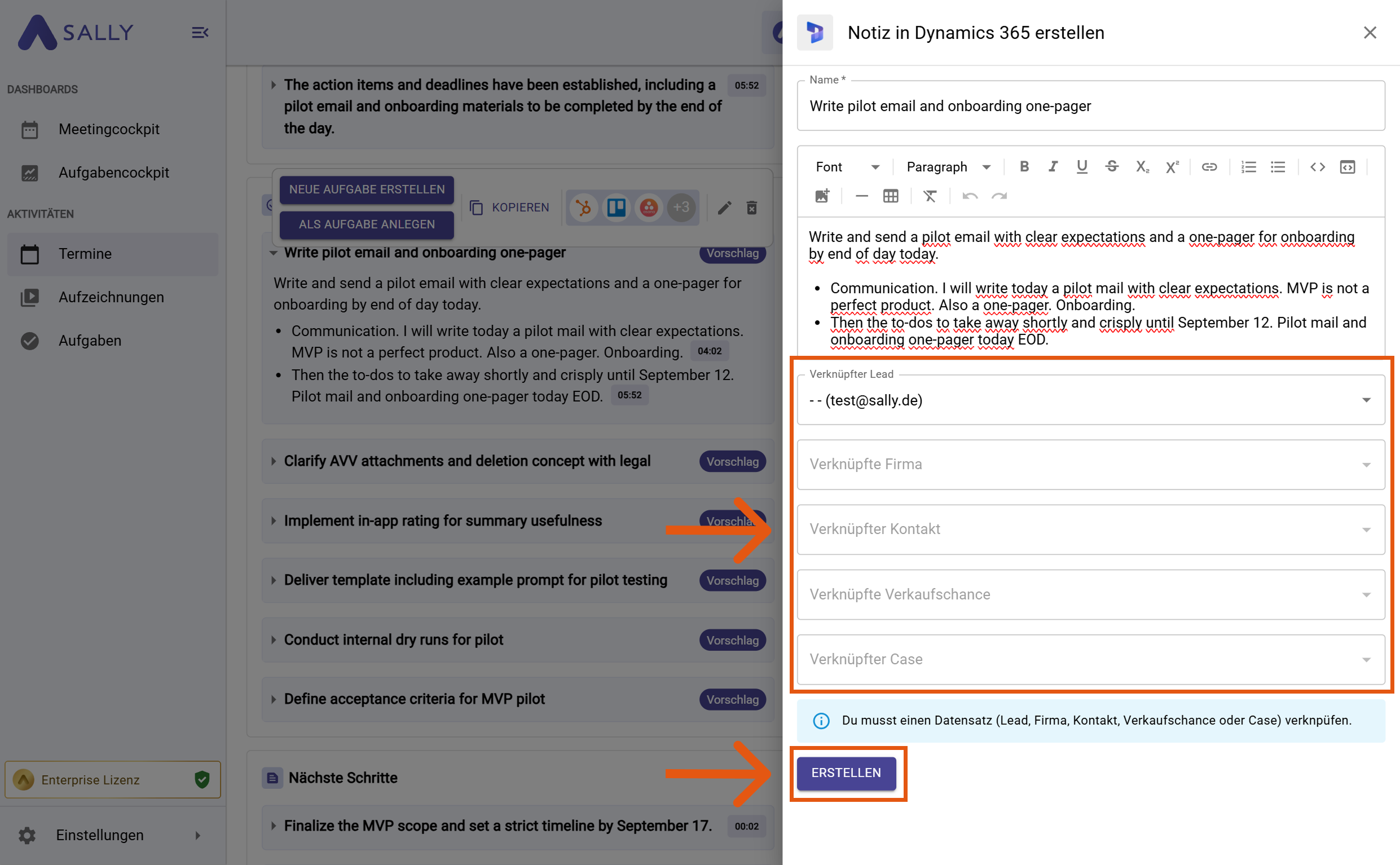 Aufgabe in Dynamics 365 Formular mit Feldern für Verantwortlichen, Status, Fälligkeitsdatum, Priorität und Bezug