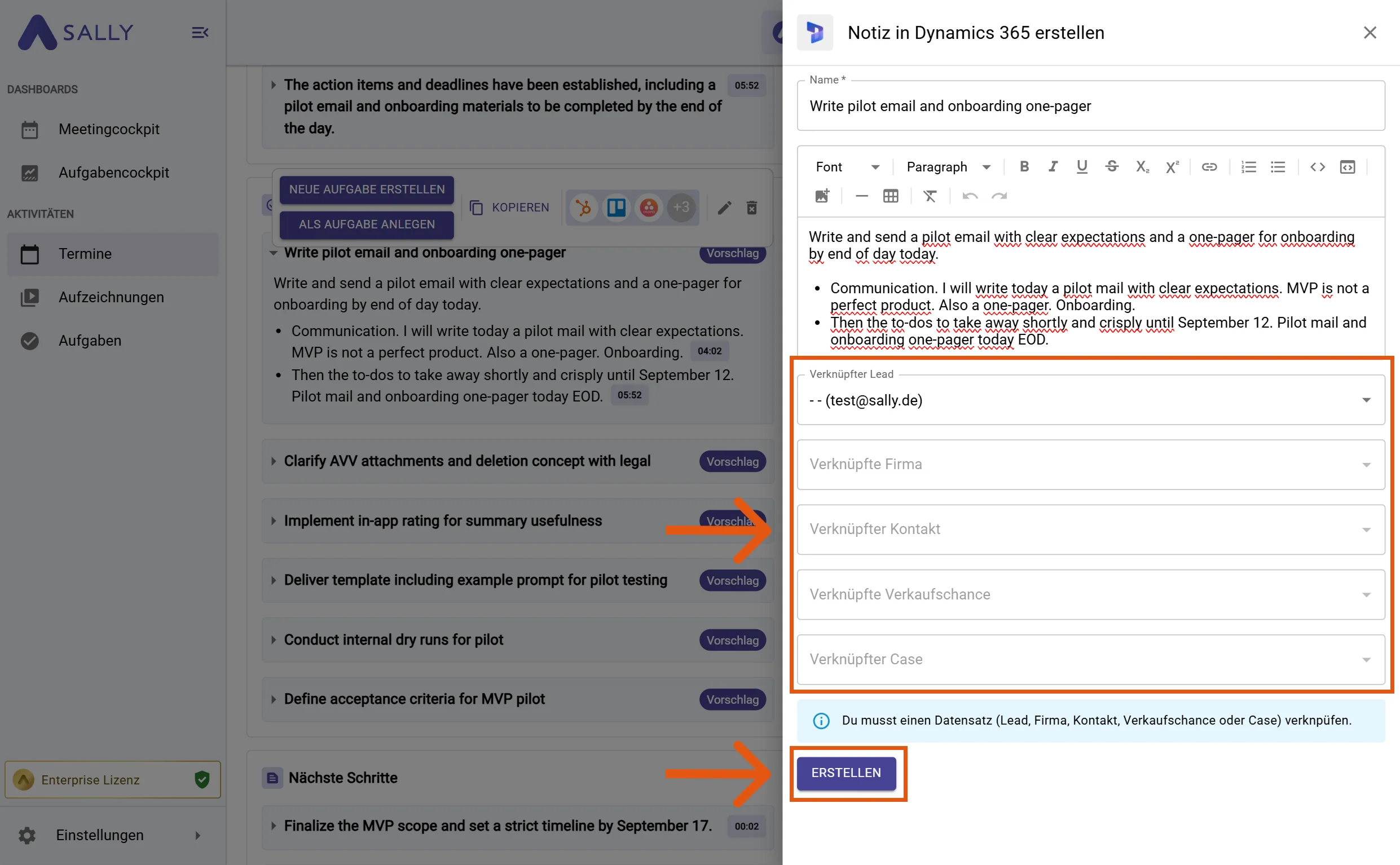 Aufgabe in Dynamics 365 Formular mit Feldern für Verantwortlichen, Status, Fälligkeitsdatum, Priorität und Bezug