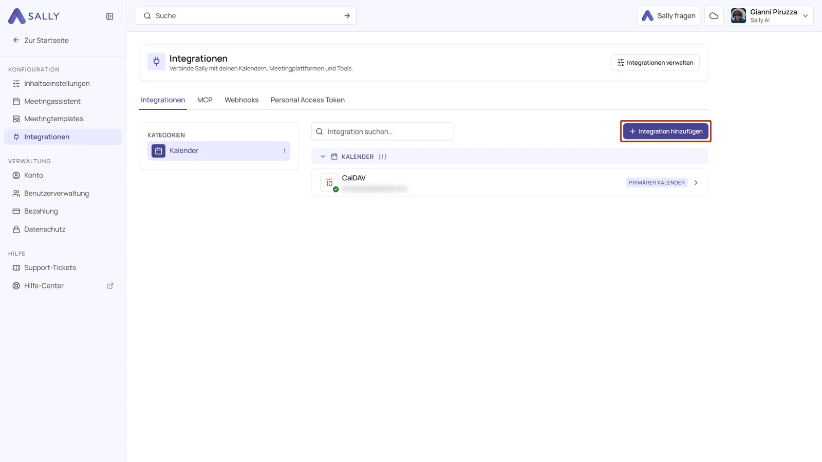 Integrationsseite von Sally mit dem markierten Button Integration hinzufügen