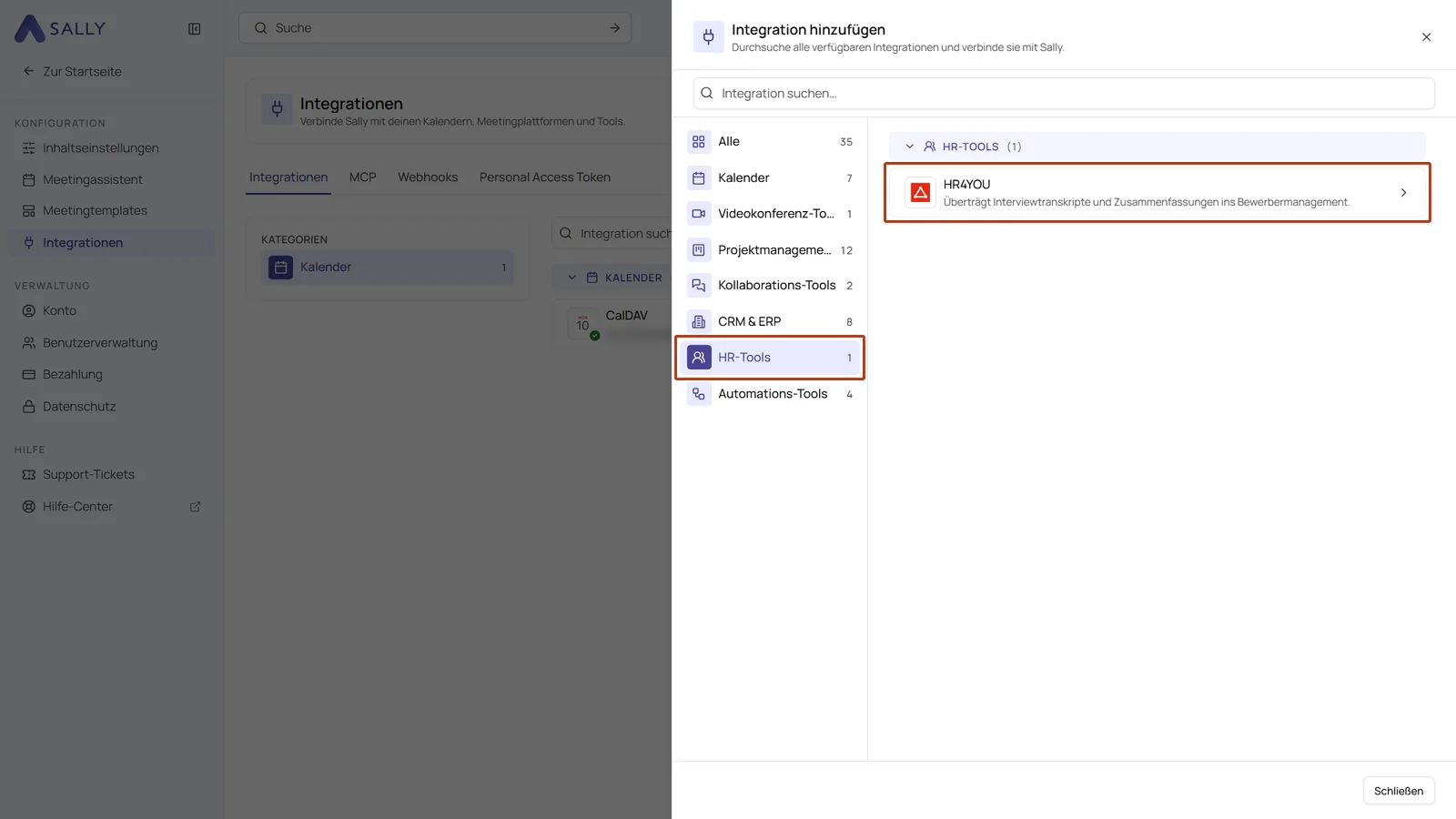 Dialog Integration hinzufügen mit der markierten Kategorie HR-Tools und dem Eintrag HR4YOU