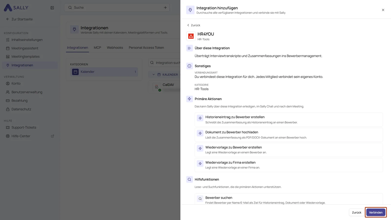 Panel der Integration HR4YOU mit den primären Aktionen und dem markierten Button Verbinden