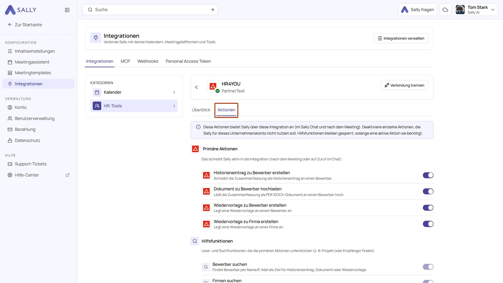 Tab Aktionen der verbundenen Integration HR4YOU mit den Schaltern der primären Aktionen