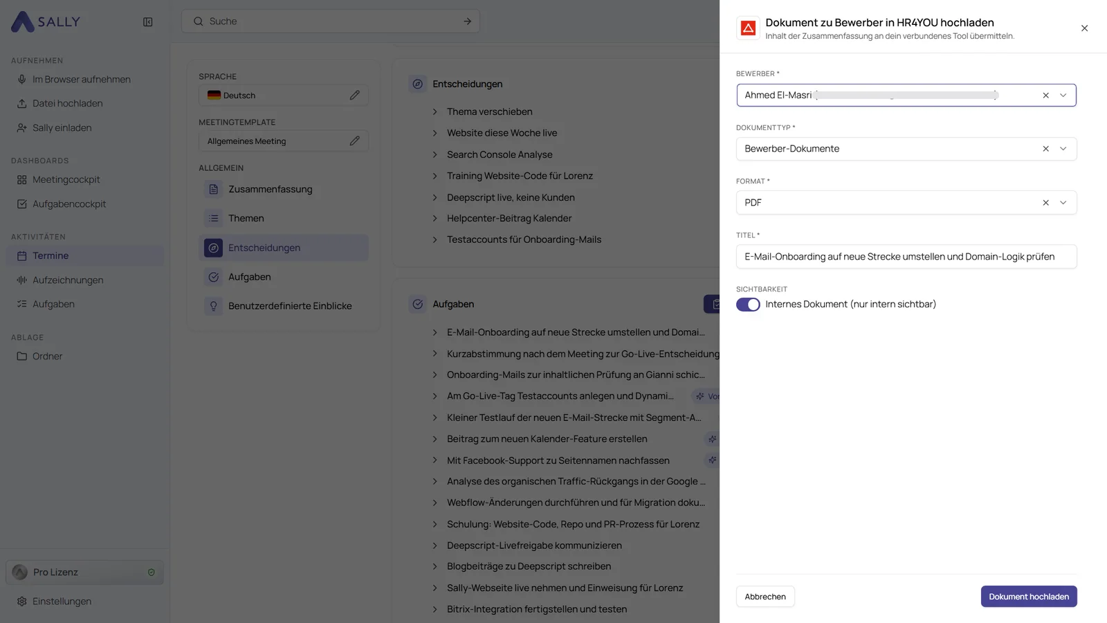 Panel Dokument zu Bewerber in HR4YOU hochladen mit Bewerber, Dokumenttyp, Format, Titel und Sichtbarkeit