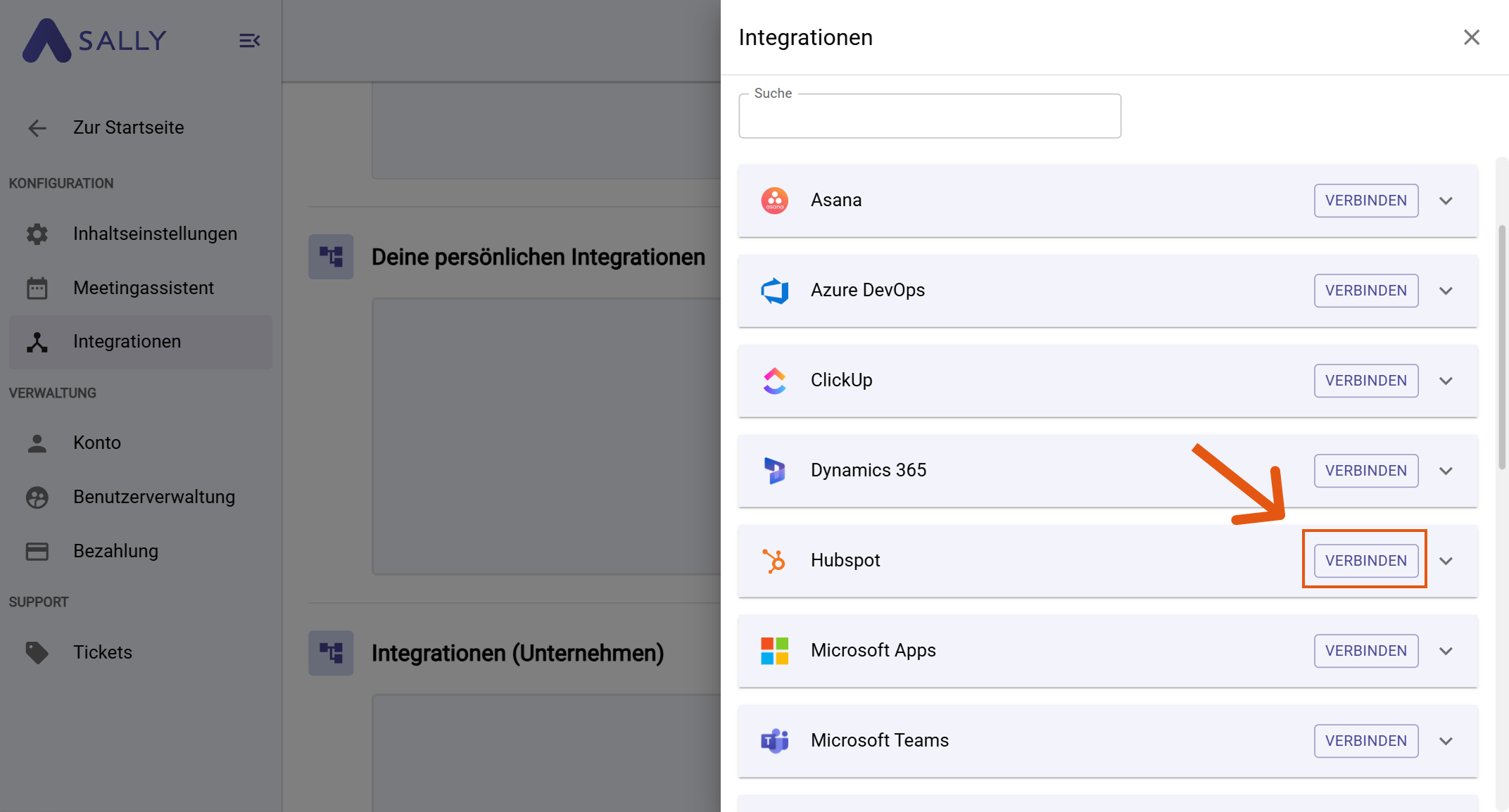 HubSpot in der Integrationsliste mit Verbinden-Button