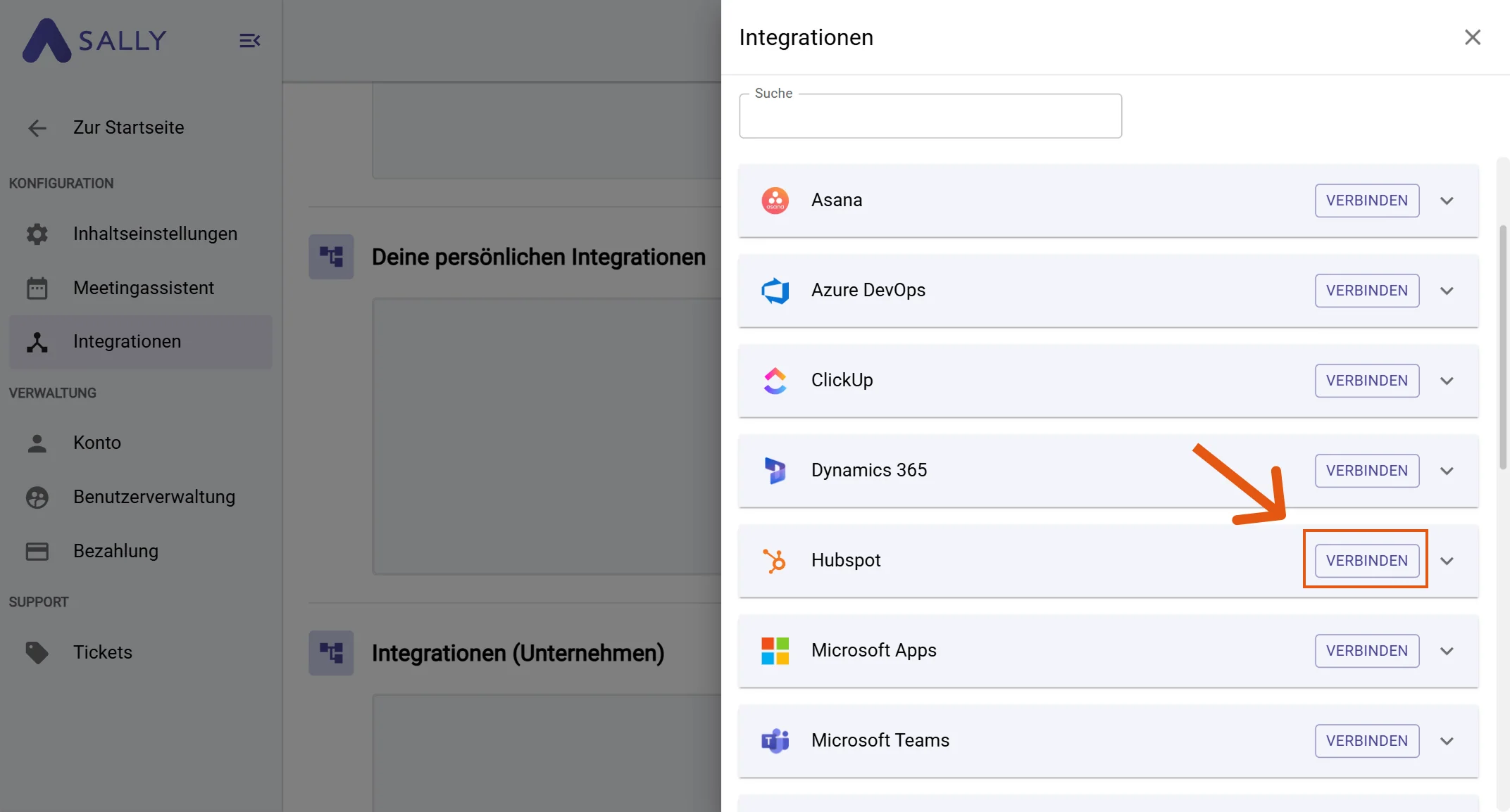 HubSpot in der Integrationsliste mit Verbinden-Button