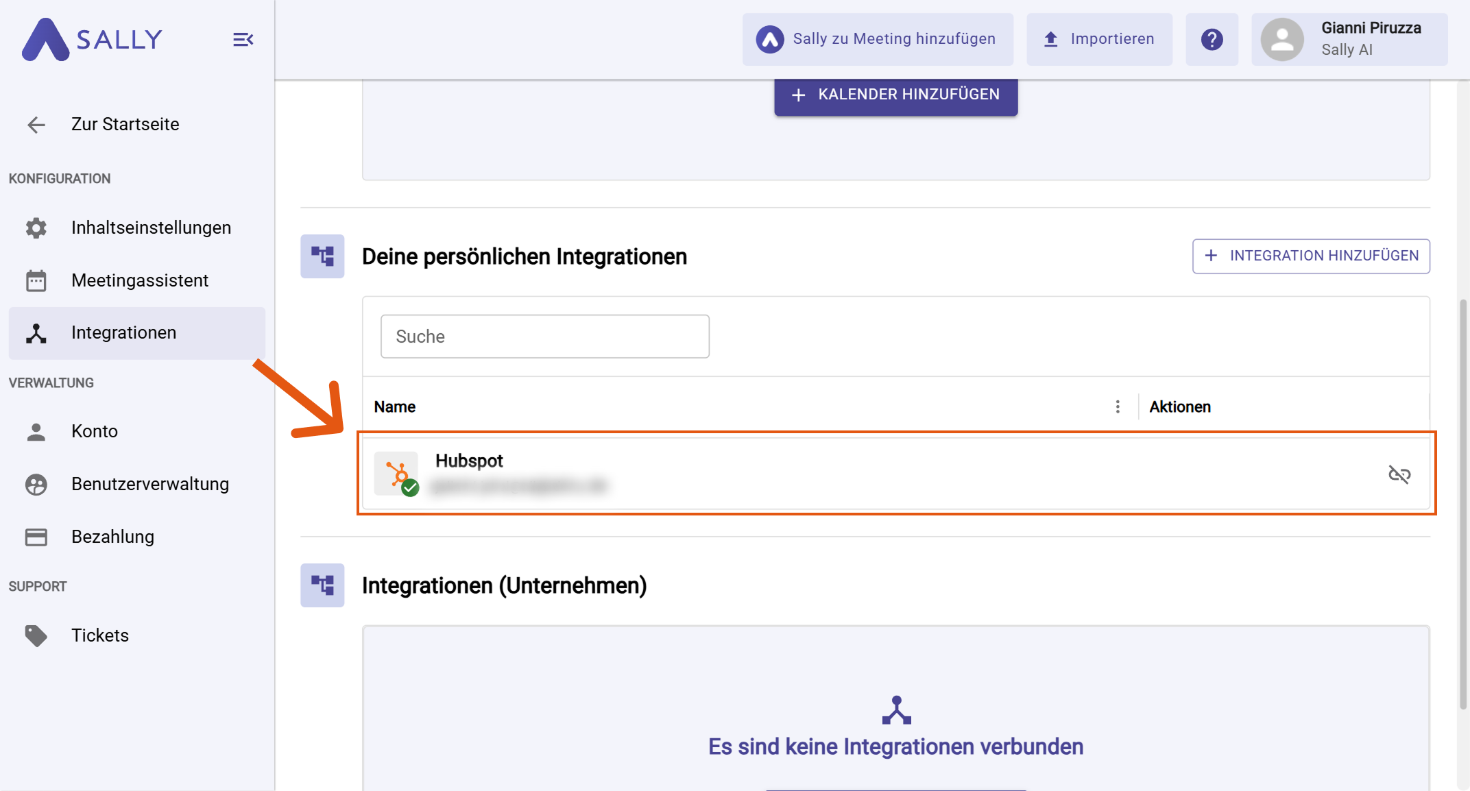 HubSpot unter deinen persönlichen Integrationen aufgelistet