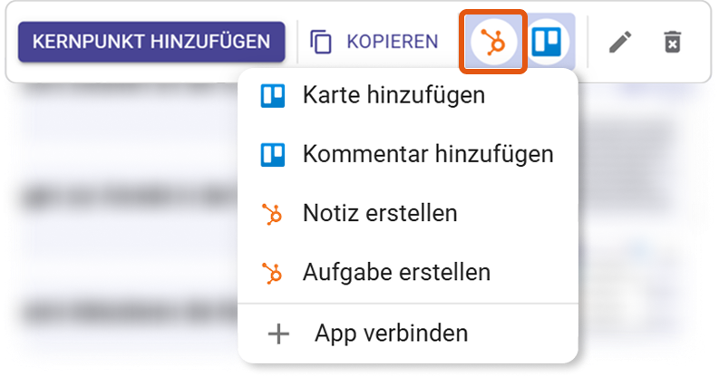 HubSpot Aktionsmenü mit Notiz erstellen / Aufgabe erstellen