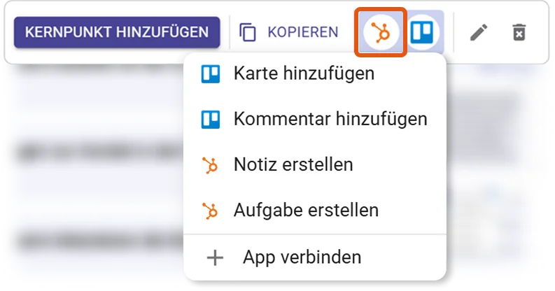 HubSpot Aktionsmenü mit Notiz erstellen / Aufgabe erstellen
