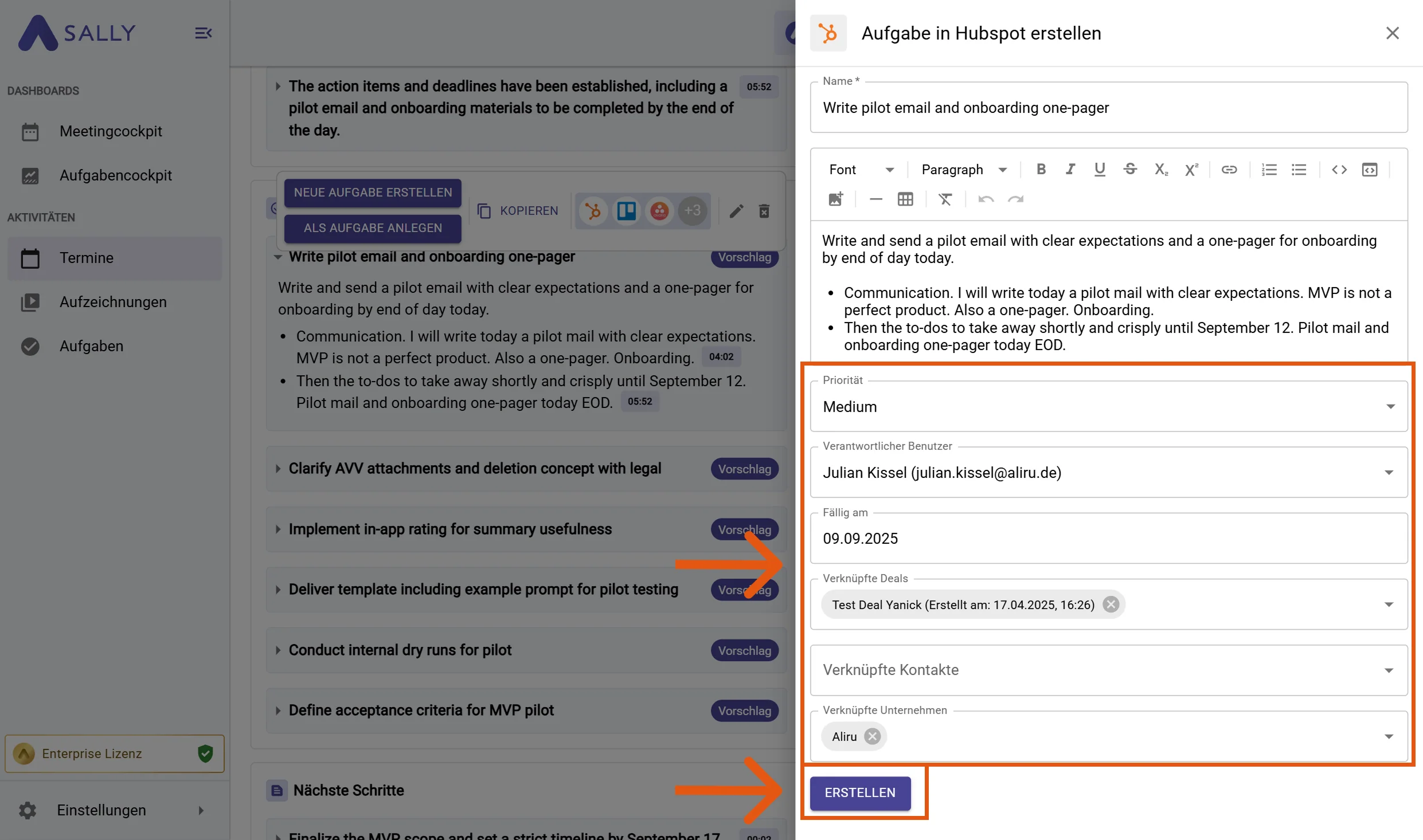 Aufgabe in HubSpot Formular mit Feldern für Priorität, Verantwortlichen, Fälligkeitsdatum und Verknüpfungen