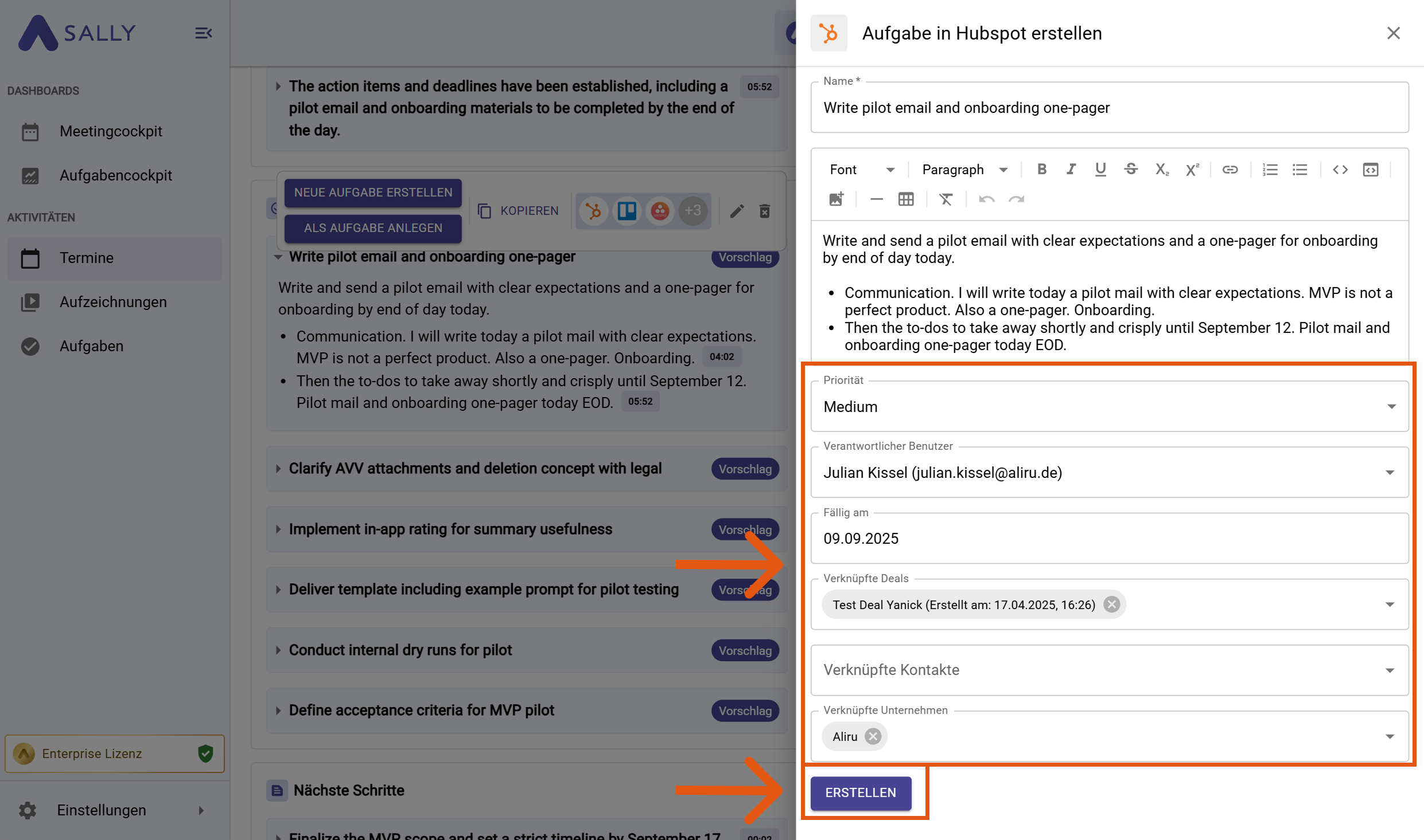 Aufgabe in HubSpot Formular mit Feldern für Priorität, Verantwortlichen, Fälligkeitsdatum und Verknüpfungen