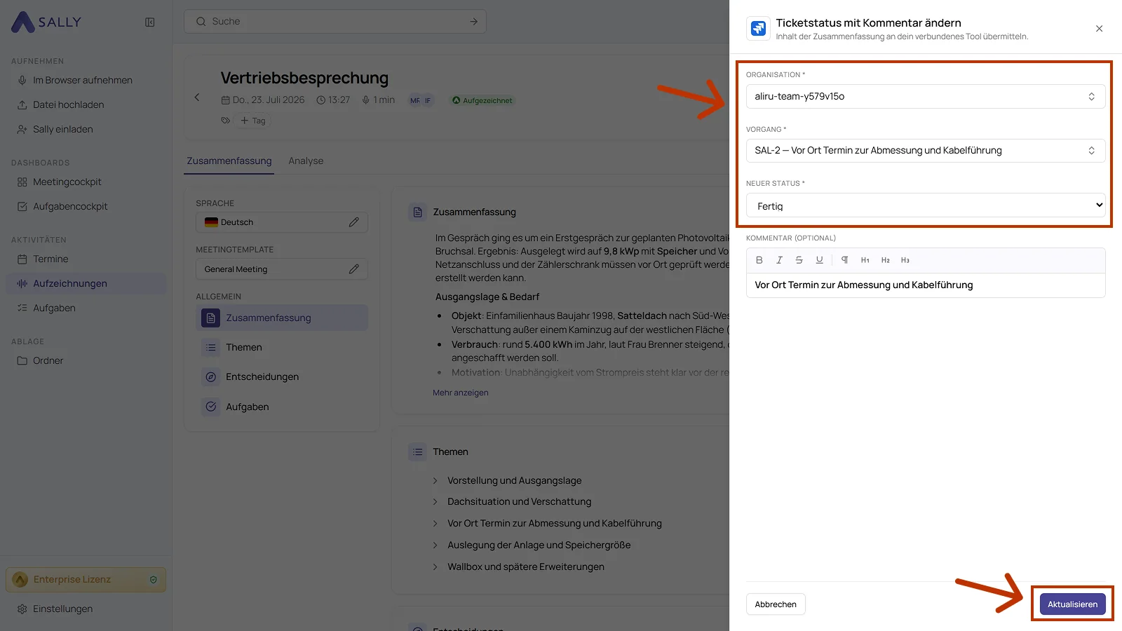 Dialog Ticketstatus mit Kommentar ändern mit Organisation, Vorgang, neuem Status und Kommentar