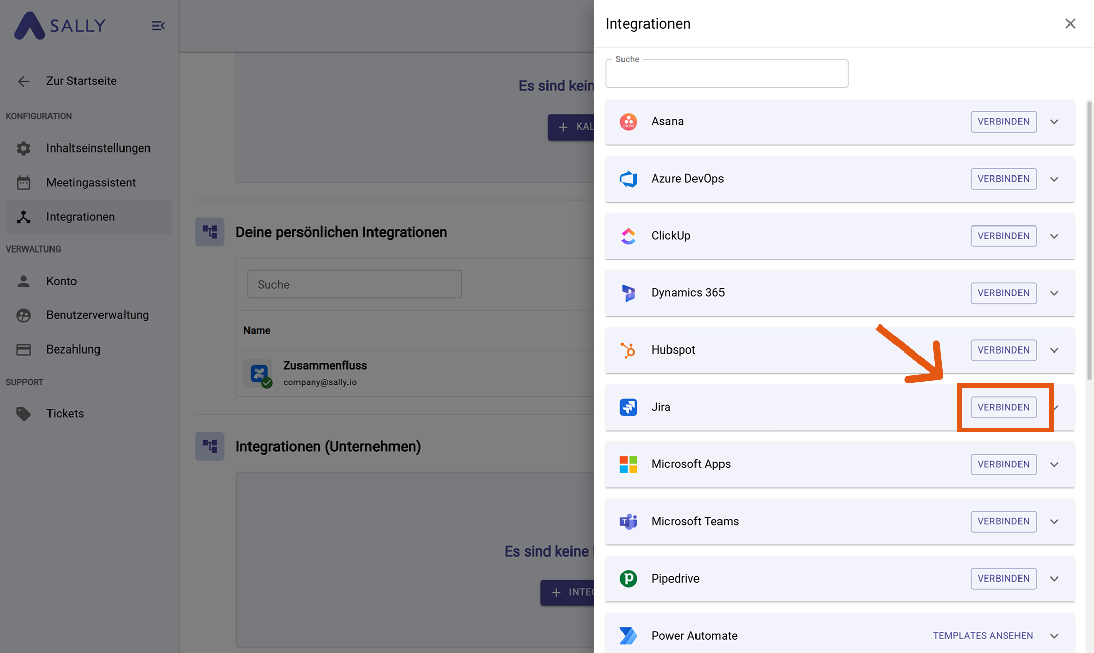 Jira in der Integrationsliste mit Verbinden-Button