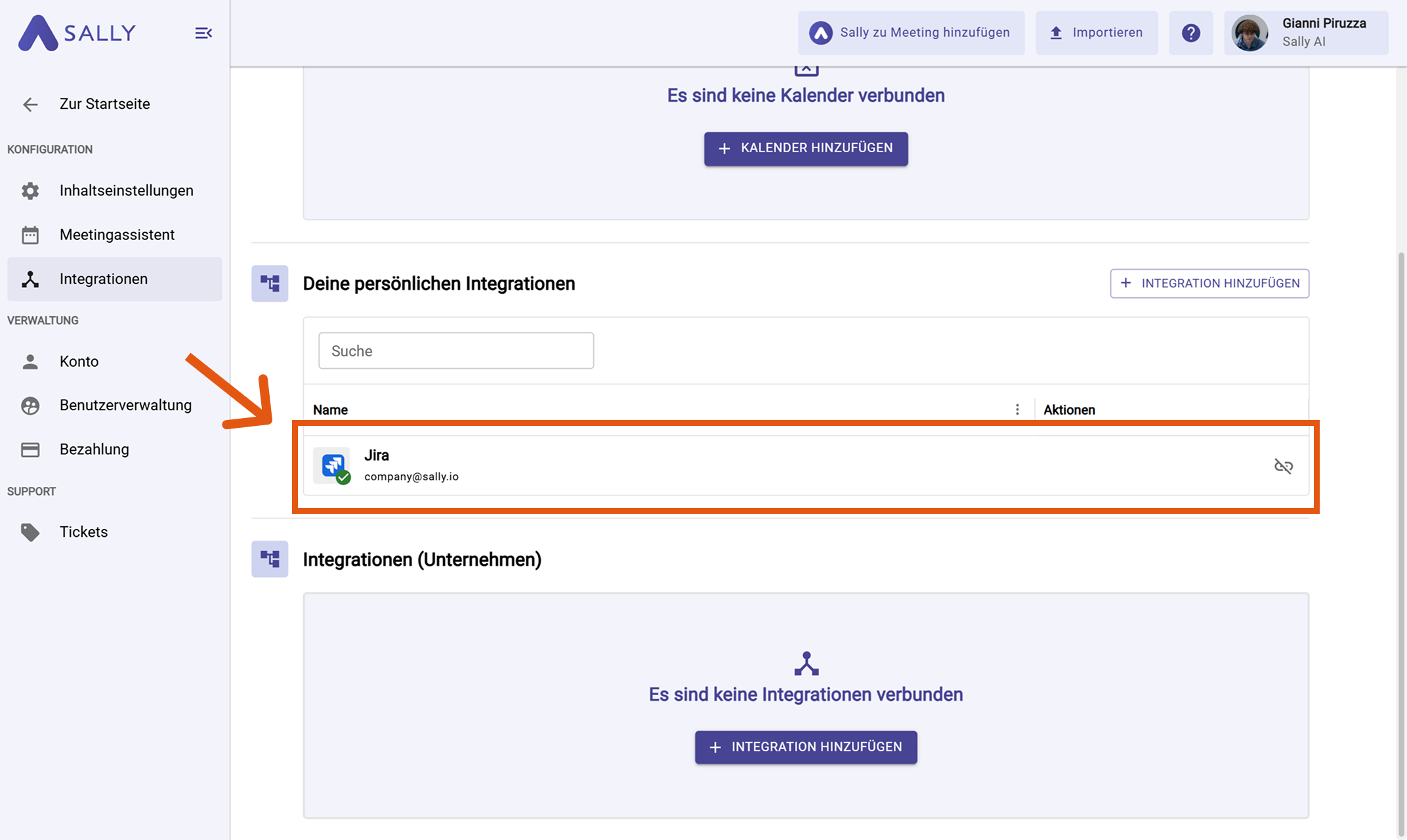Jira unter Deine persönlichen Integrationen aufgelistet