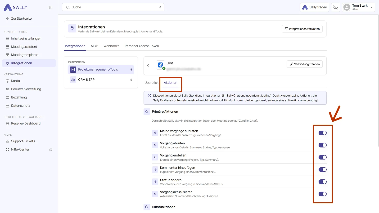 Reiter Aktionen der Jira Integration mit den Schaltern der primären Aktionen