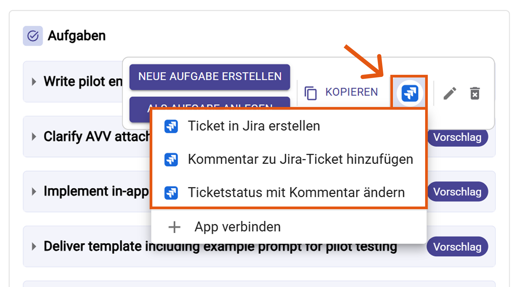 Jira-Aktionsmenü mit Ticket erstellen Option