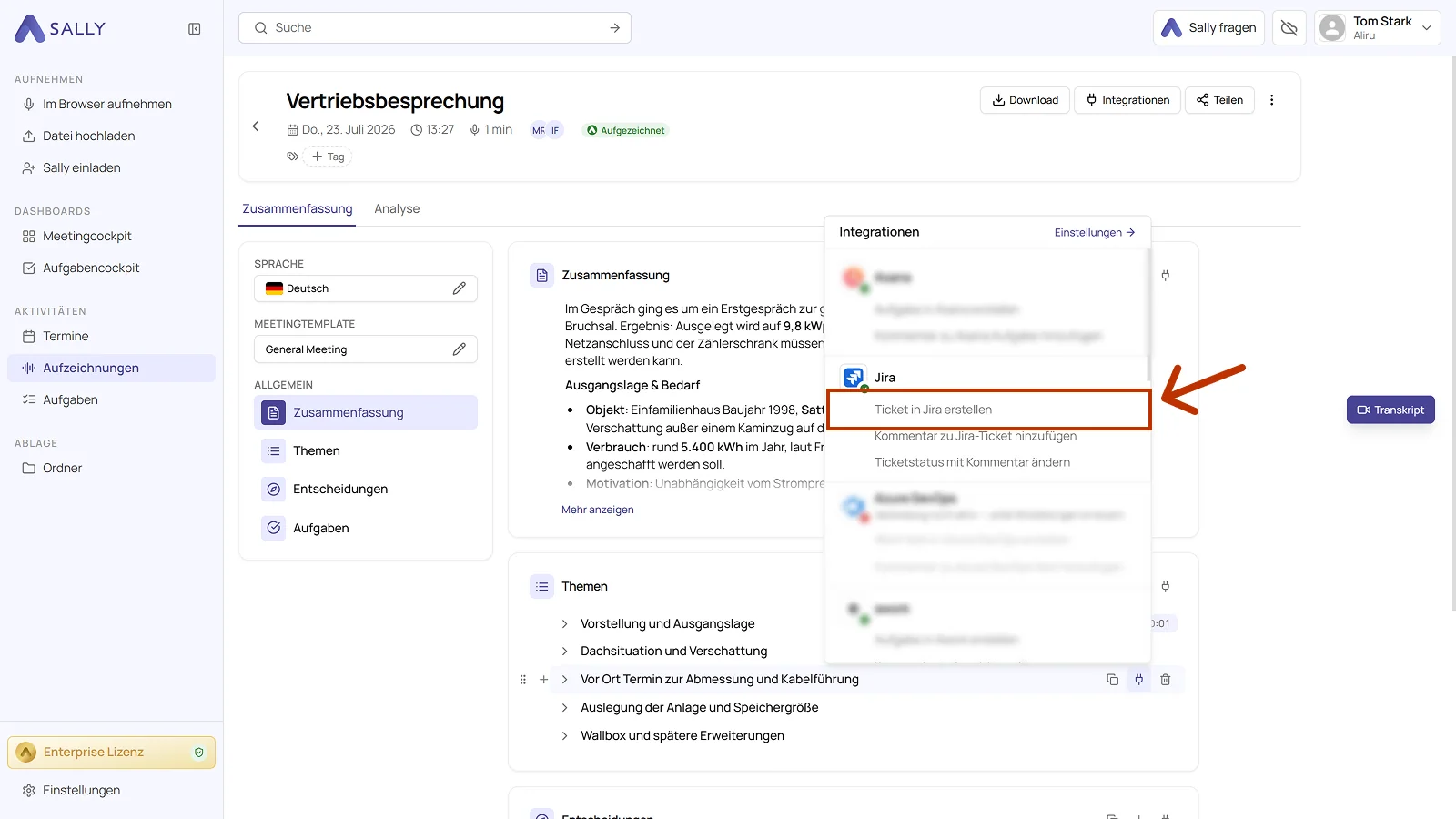 Zusammenfassung eines Meetings mit dem Stecker-Symbol und der Liste der Integrationen, darin Jira