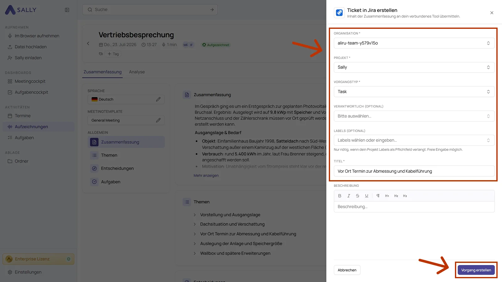 Dialog Ticket in Jira erstellen mit Organisation, Projekt, Vorgangstyp, Verantwortlich, Labels und Titel