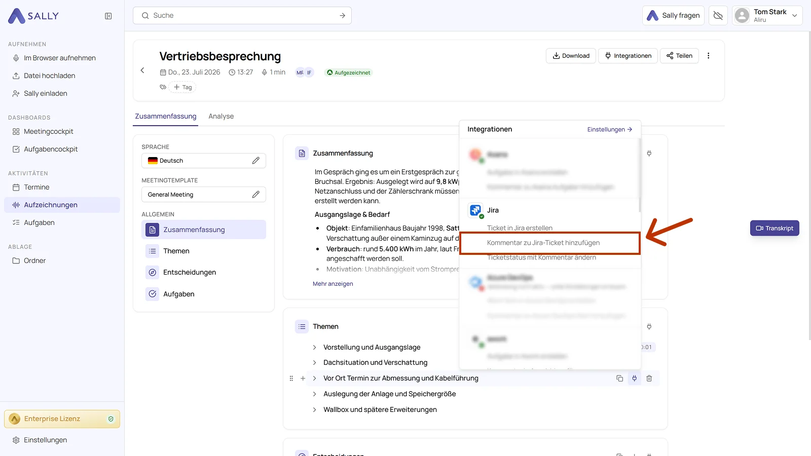 Liste der Integrationen mit der Jira Aktion für einen Kommentar
