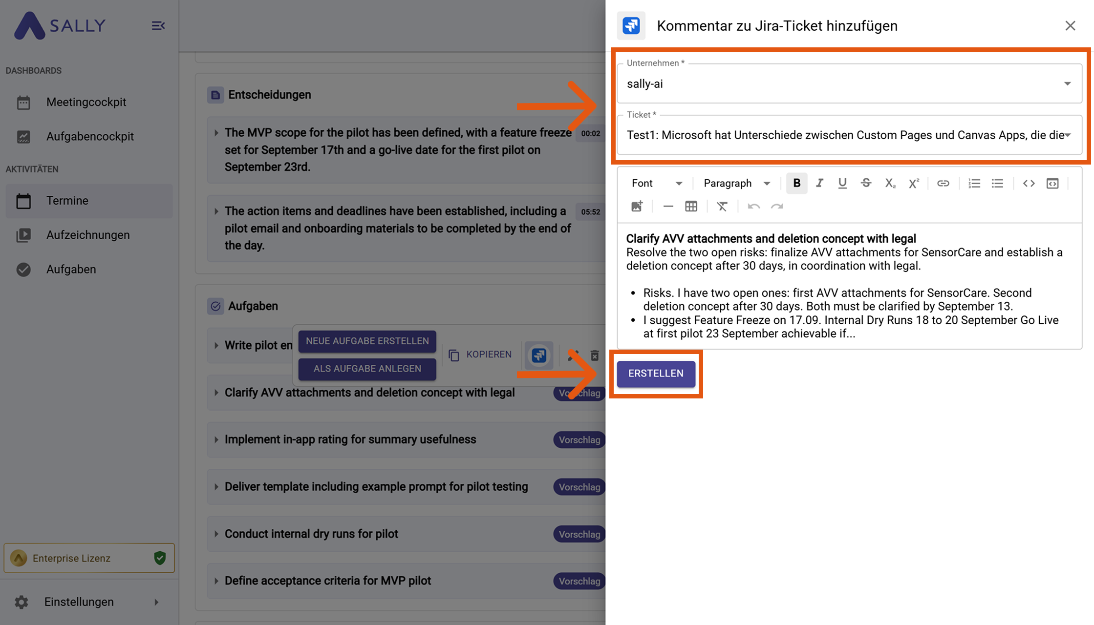 Modal Fenster Kommentar zu Jira-Ticket hinzufügen mit Organisation und Ticket