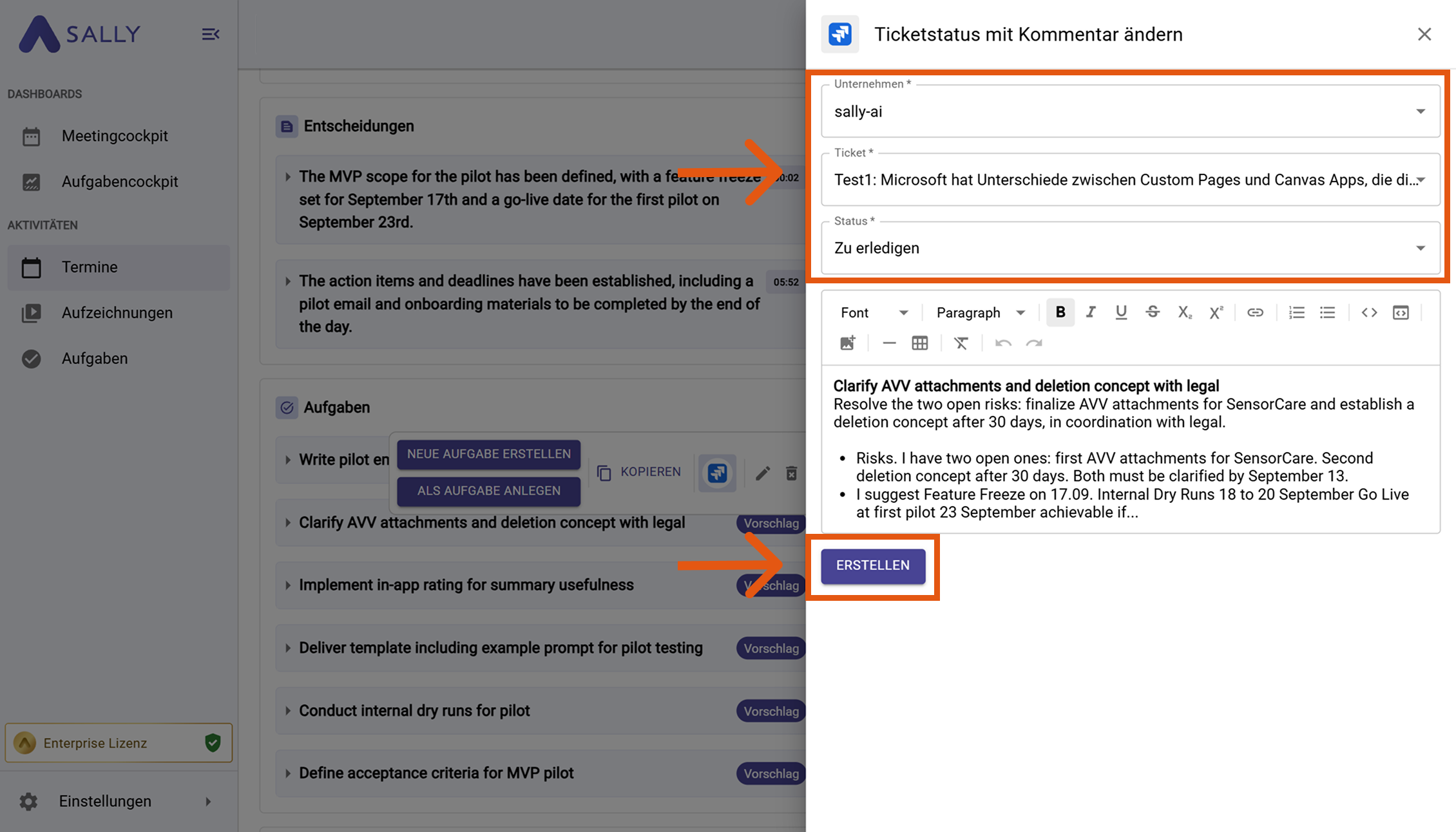 Modal Fenster Ticket-Status in Jira ändern mit Organisation, Ticket, Status