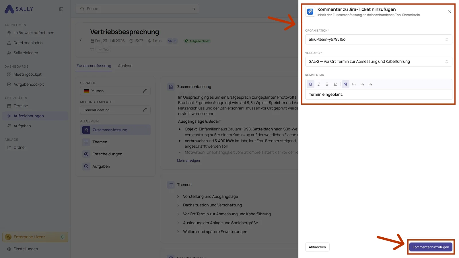 Dialog Kommentar zu Jira-Ticket hinzufügen mit Organisation, Vorgang und Kommentar